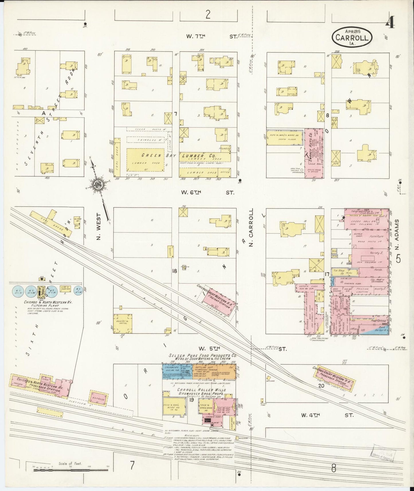 Sanborn Fire Insurance Map from Carroll, Carroll County, Iowa (1915), Sheet #0004 - Historic Sanborn Fire Insurance Map Print, vintage old map wall art