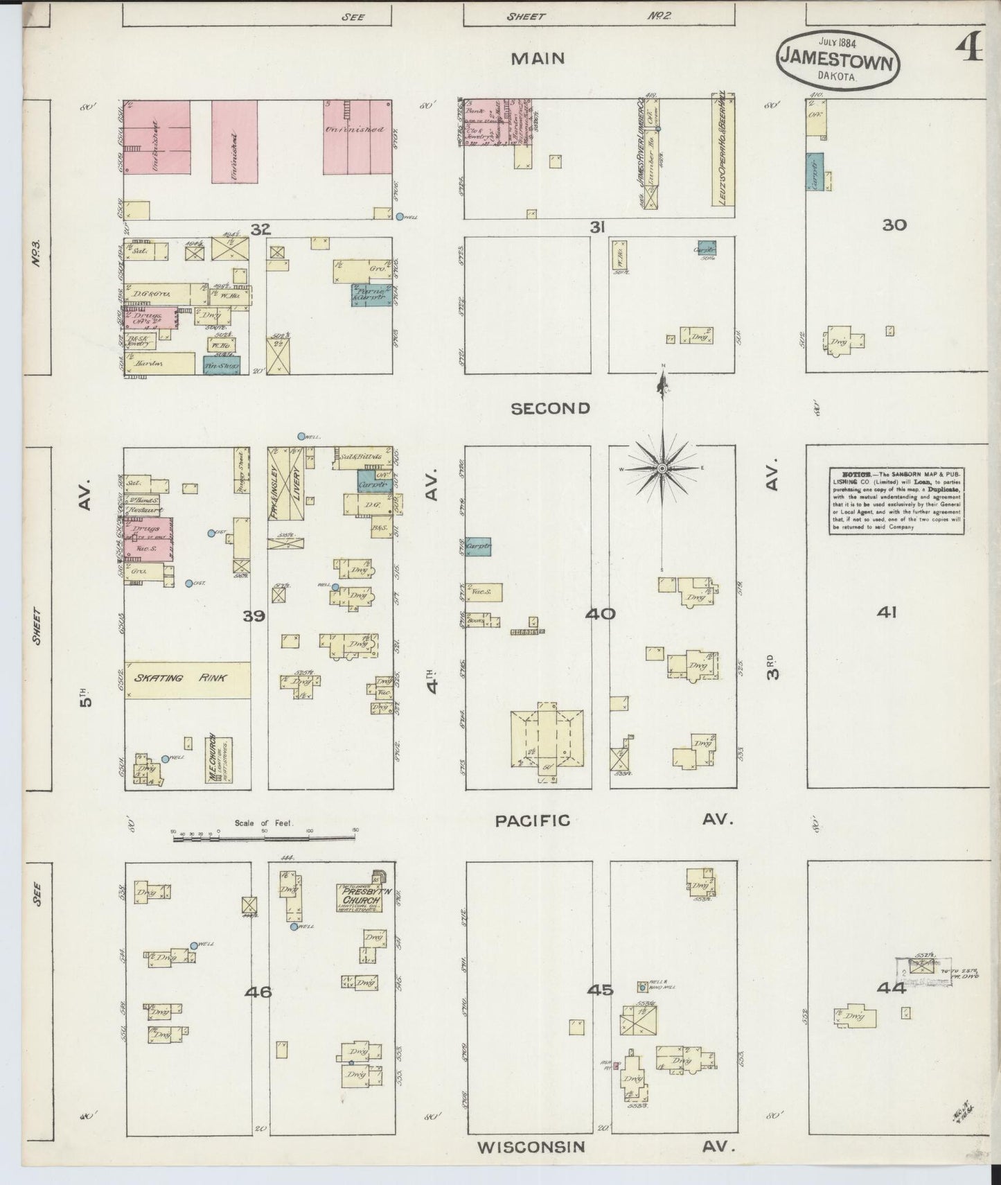 Sanborn Fire Insurance Map from Jamestown, Stutsman County, North Dakota (1884), Sheet #0004 - Historic Sanborn Fire Insurance Map Print, vintage old map wall art, antique decor, genealogy gift, North Dakota North Dakota map