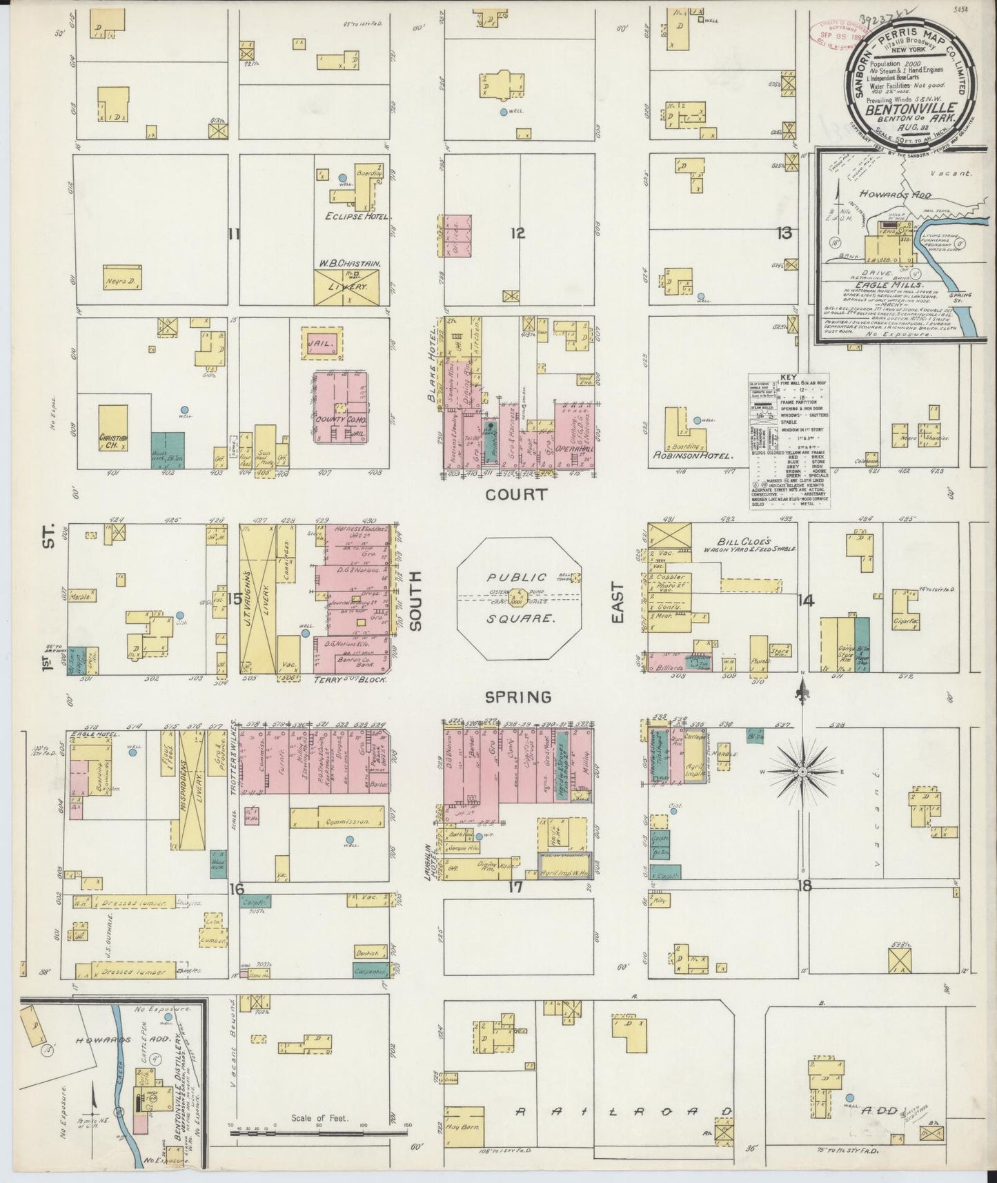Sanborn Fire Insurance Map from Bentonville, Benton County, Arkansas (1892), Sheet #0001 - Historic Sanborn Fire Insurance Map Print, vintage old map wall art, antique decor, genealogy gift, Arkansas Arkansas map