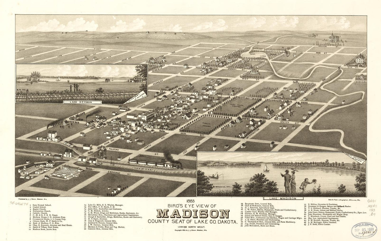 1883 bird's eye view of Madison, county seat of Lake Co. Dakota. (1883) – Historic Bird’s-Eye View Panorama Print
