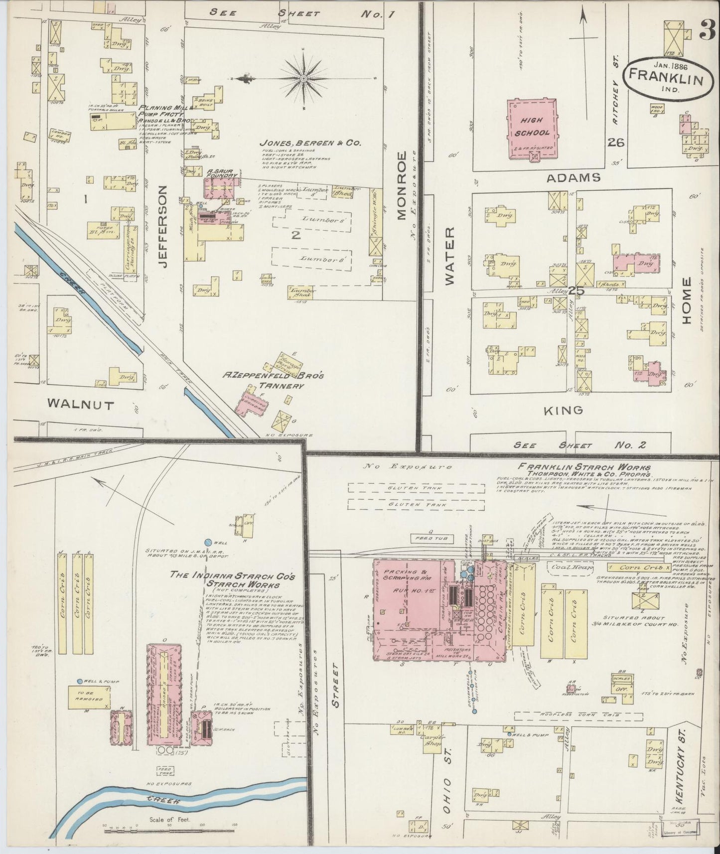 Sanborn Fire Insurance Map from Franklin, Johnson County, Indiana (1886), Sheet #0003 - Complete Map Set gallery image, historic Sanborn map, vintage wall art, Indiana Indiana