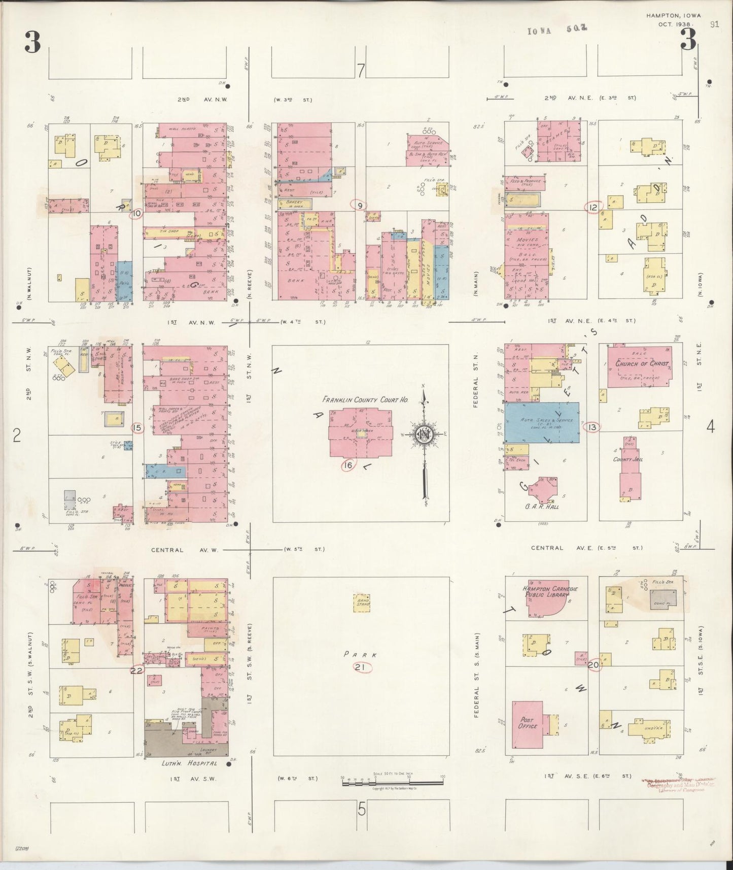 Sanborn Fire Insurance Map from Hampton, Franklin County, Iowa (1944), Sheet #0003 - Historic Sanborn Fire Insurance Map Print, vintage old map wall art