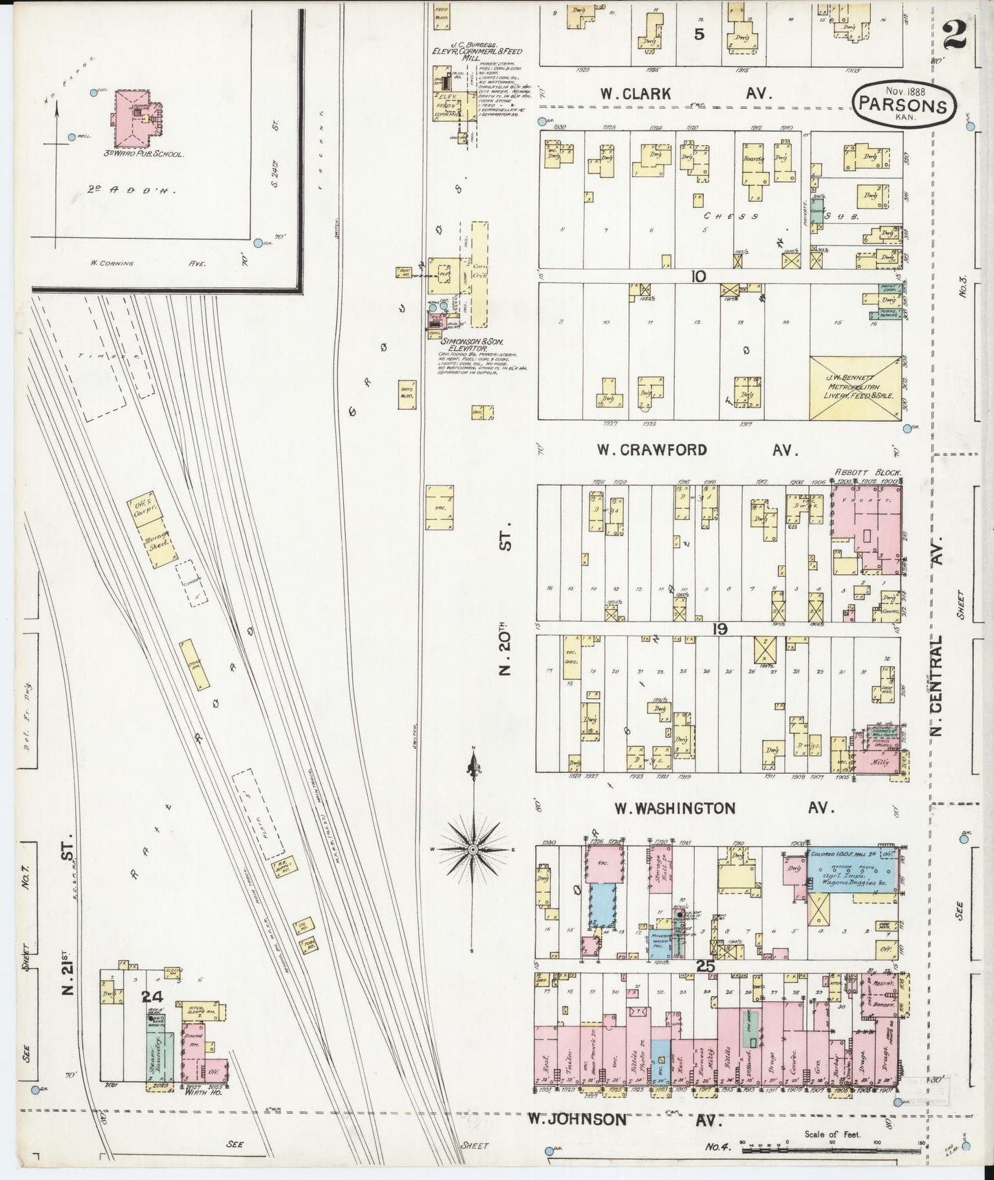 Sanborn Fire Insurance Map from Parsons, Labette County, Kansas (1888), Sheet #0002 - Historic Sanborn Fire Insurance Map Print, vintage old map wall art, antique decor, genealogy gift, Kansas Kansas map