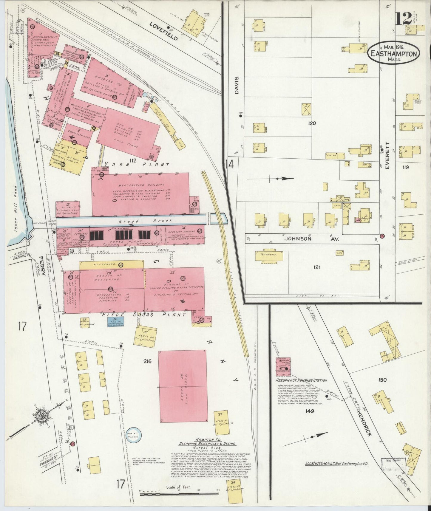 Sanborn Fire Insurance Map from East Hampton, Hampshire County, Massachusetts (1916), Sheet #0012 - Historic Sanborn Fire Insurance Map Print, vintage old map wall art, antique decor, genealogy gift, Massachusetts Massachusetts map