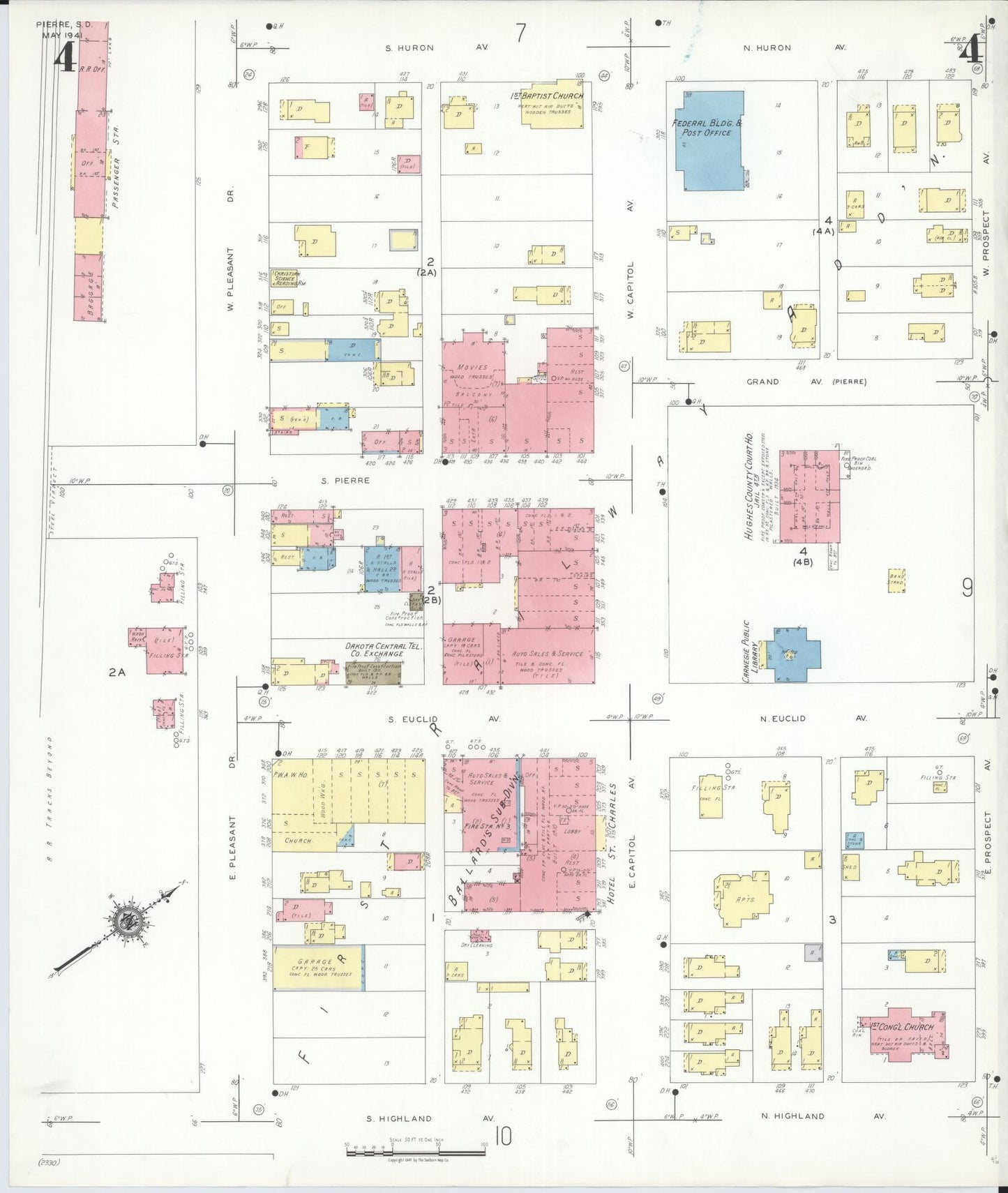 Sanborn Fire Insurance Map from Pierre, Hughes County, South Dakota (1941), Sheet #0004 - Historic Sanborn Fire Insurance Map Print, vintage old map wall art, antique decor, genealogy gift, South Dakota South Dakota map