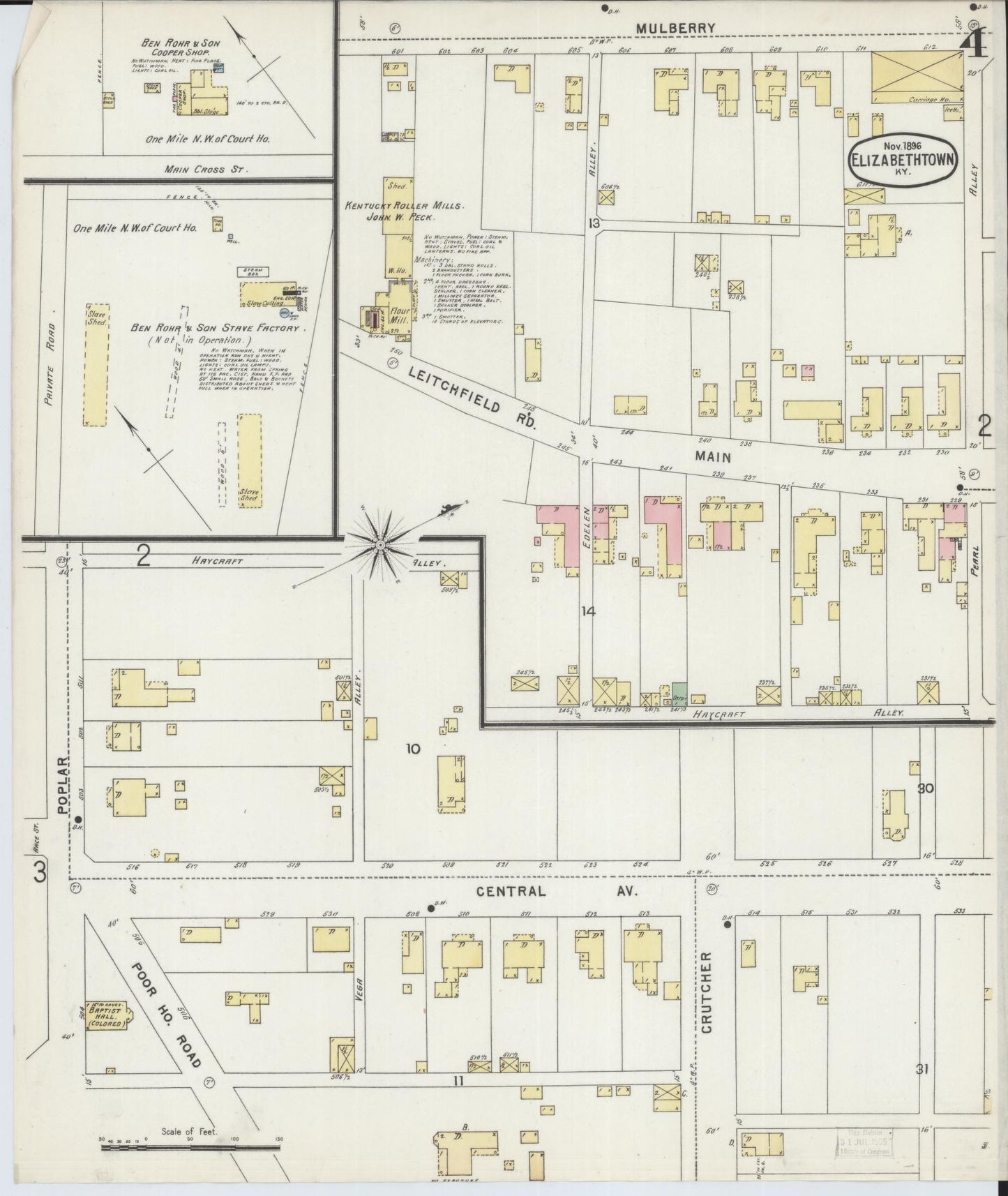 Sanborn Fire Insurance Map from Elizabethtown, Hardin County, Kentucky (1896), Sheet #0004 - Historic Sanborn Fire Insurance Map Print, vintage old map wall art, antique decor, genealogy gift, Kentucky Kentucky map