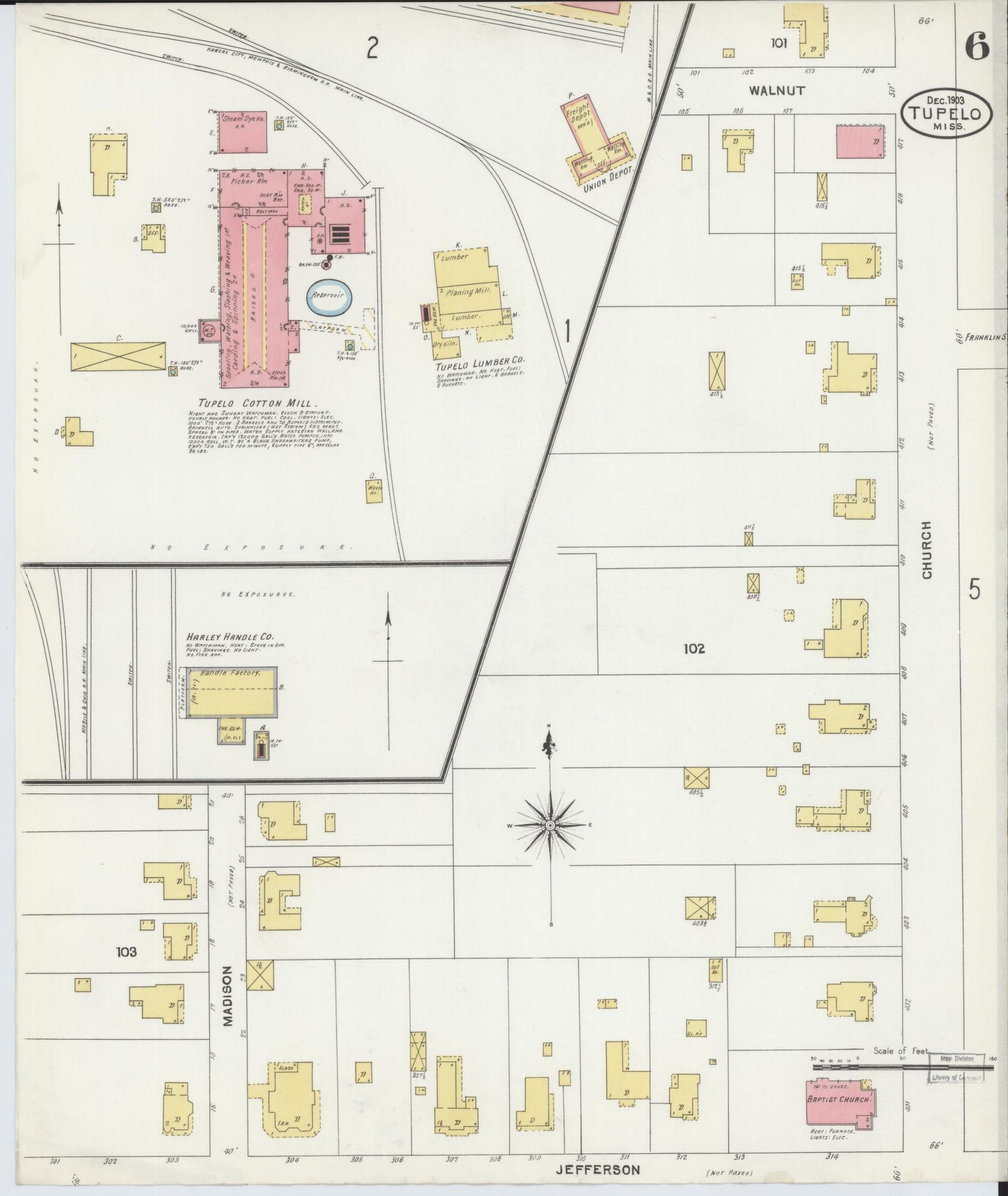Sanborn Fire Insurance Map from Tupelo, Lee County, Mississippi (1903), Sheet #0006 - Complete Map Set gallery image, historic Sanborn map, vintage wall art, Mississippi Mississippi