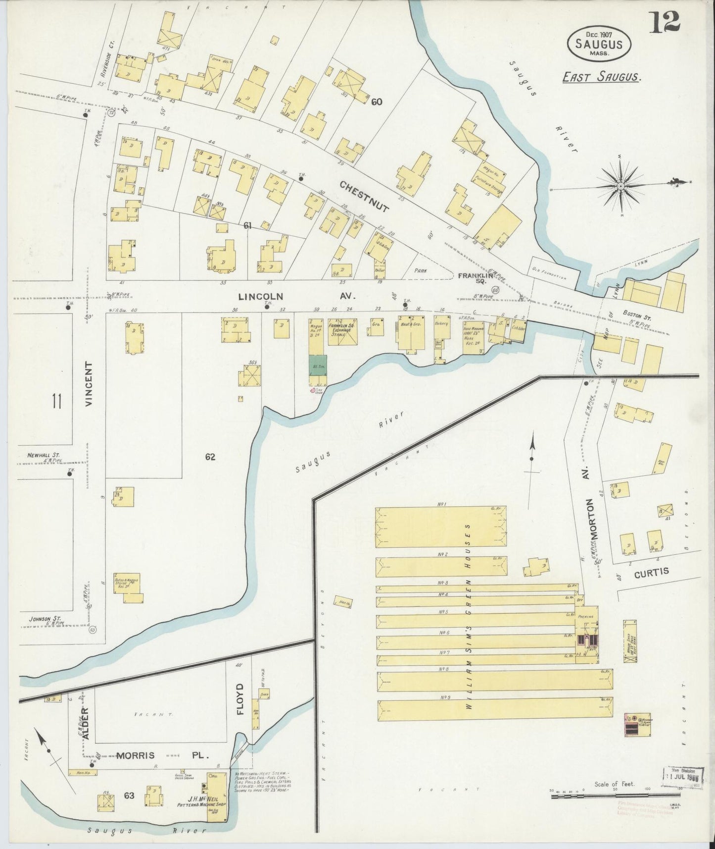 Sanborn Fire Insurance Map from Saugus, Essex County, Massachusetts (1907), Sheet #0012 - Historic Sanborn Fire Insurance Map Print, vintage old map wall art, antique decor, genealogy gift, Massachusetts Massachusetts map