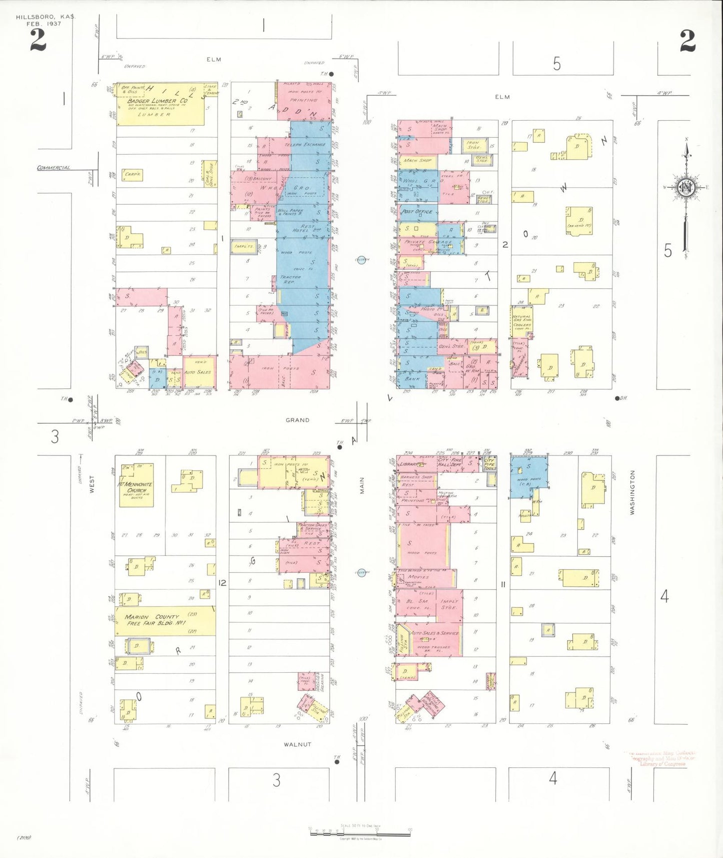 Sanborn Fire Insurance Map from Hillsboro, Marion County, Kansas (1937), Sheet #0002 - Historic Sanborn Fire Insurance Map Print, vintage old map wall art, antique decor, genealogy gift, Kansas Kansas map