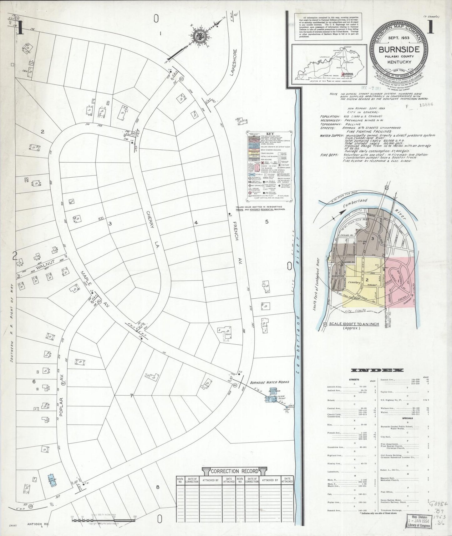 Sanborn Fire Insurance Map from Burnside, Pulaski County, Kentucky (1953), Sheet #0001 - Historic Sanborn Fire Insurance Map Print, vintage old map wall art, antique decor, genealogy gift, Kentucky Kentucky map