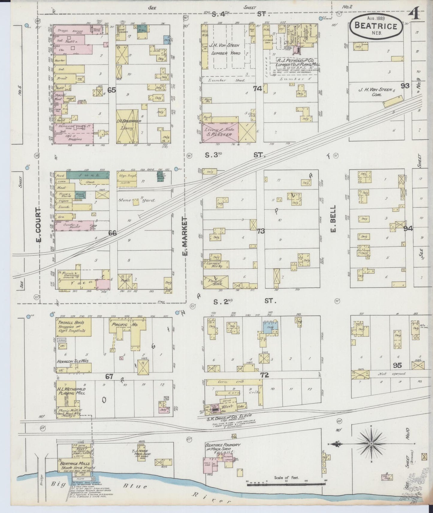 Sanborn Fire Insurance Map from Beatrice, Gage County, Nebraska (1889), Sheet #0004 - Historic Sanborn Fire Insurance Map Print, vintage old map wall art, antique decor, genealogy gift, Nebraska Nebraska map