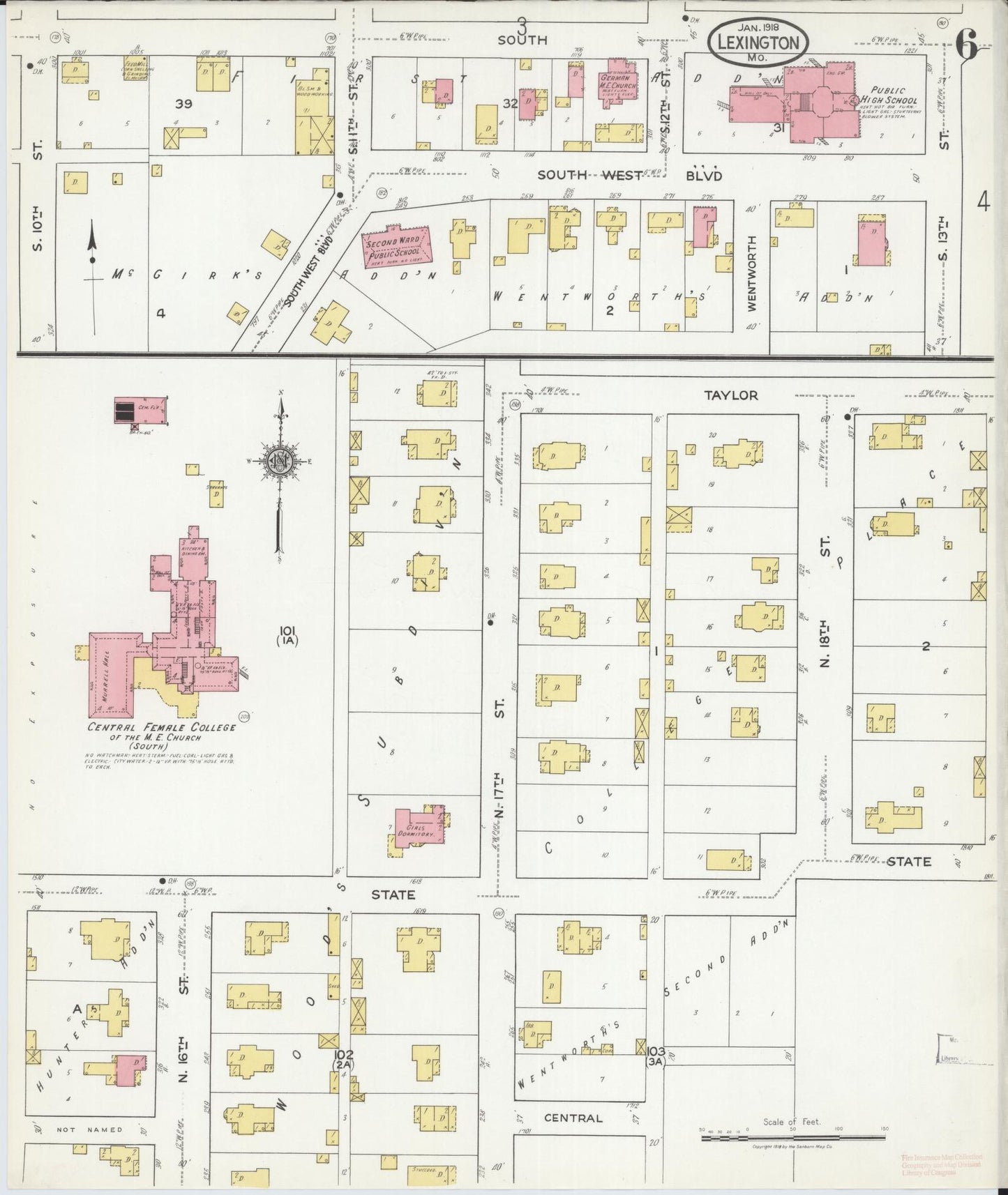 Sanborn Fire Insurance Map from Lexington, Lafayette County, Missouri (1918), Sheet #0006 - Historic Sanborn Fire Insurance Map Print, vintage old map wall art, antique decor, genealogy gift, Missouri Missouri map