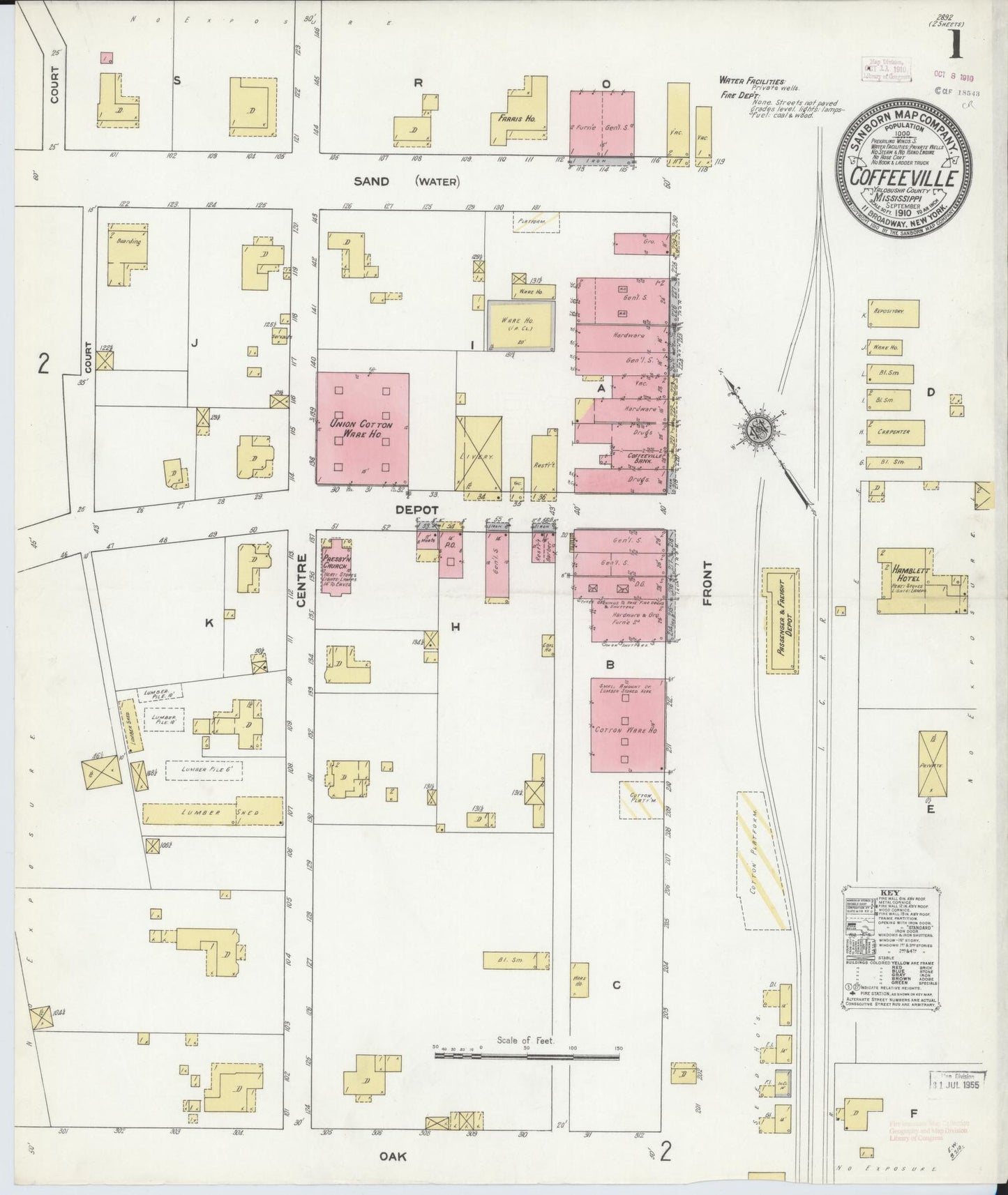 Sanborn Fire Insurance Map from Coffeeville, Yolabusha County, Mississippi (1910), Sheet #0001 - Historic Sanborn Fire Insurance Map Print, vintage old map wall art, antique decor, genealogy gift, Mississippi Mississippi map