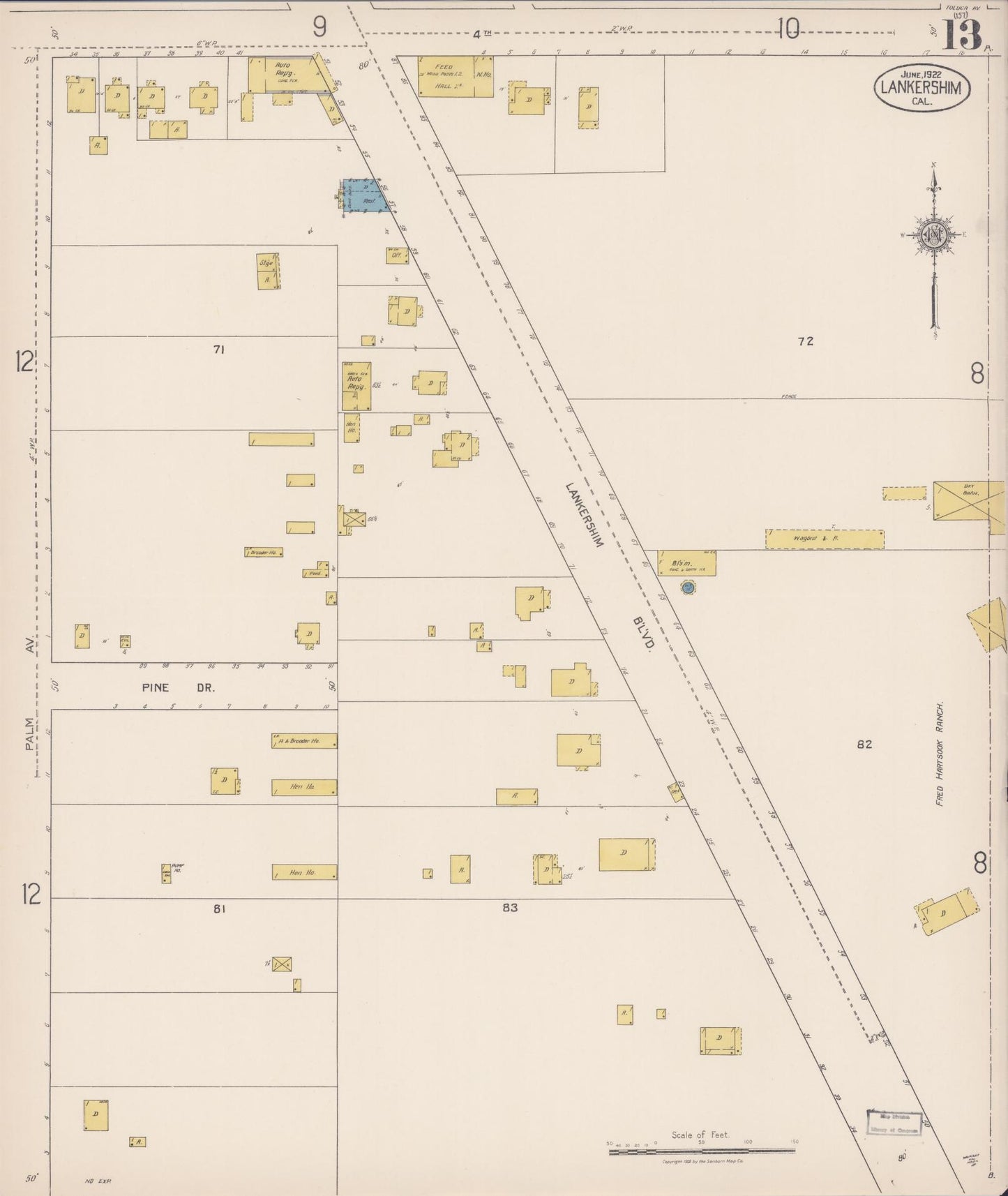 Sanborn Fire Insurance Map from Lankershim, Los Angeles County, California (1922), Sheet #0013 - Historic Sanborn Fire Insurance Map Print, vintage old map wall art, antique decor, genealogy gift, California California map