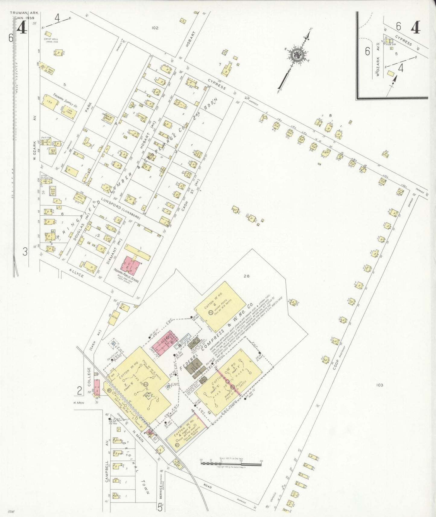 Sanborn Fire Insurance Map from Truman, Poinsett County, Arkansas (1939), Sheet #0004 - Historic Sanborn Fire Insurance Map Print, vintage old map wall art, antique decor, genealogy gift, Arkansas Arkansas map