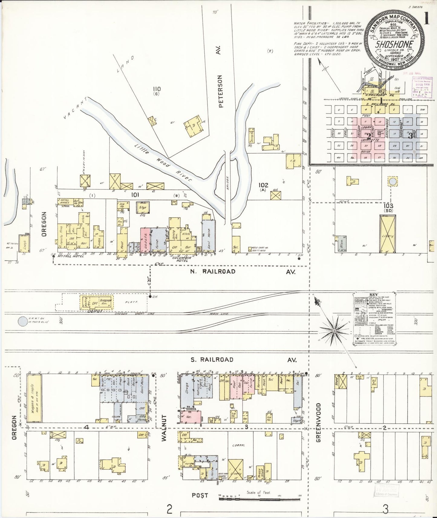 Sanborn Fire Insurance Map from Shoshone, Lincoln County, Idaho (1907), Sheet #0001 - Historic Sanborn Fire Insurance Map Print, vintage old map wall art, antique decor, genealogy gift, Idaho Idaho map