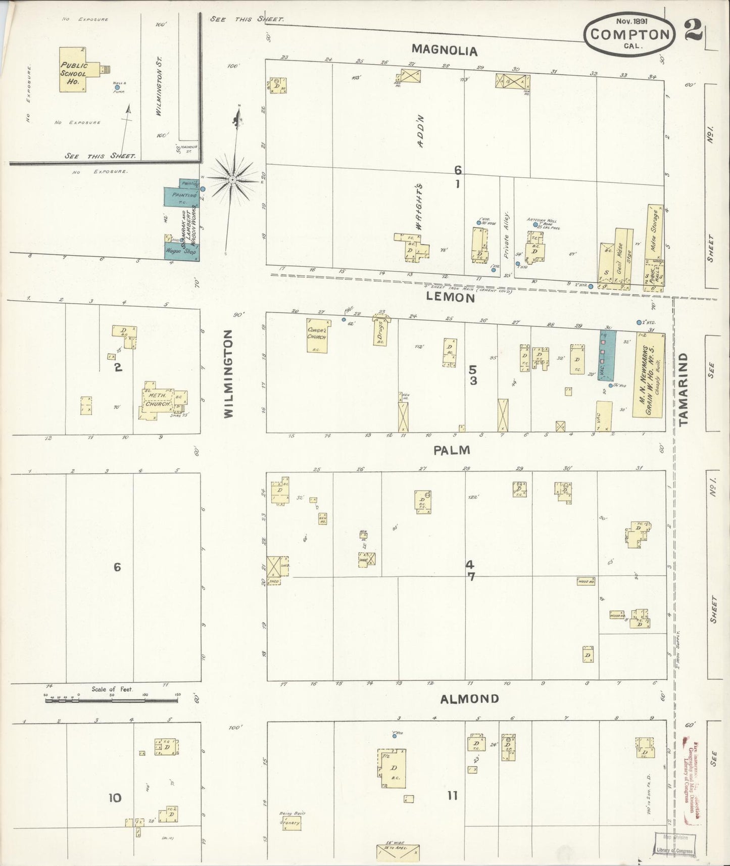 Sanborn Fire Insurance Map from Compton, Los Angeles County, California (1891), Sheet #0002 - Complete Map Set gallery image, historic Sanborn map, vintage wall art, California California