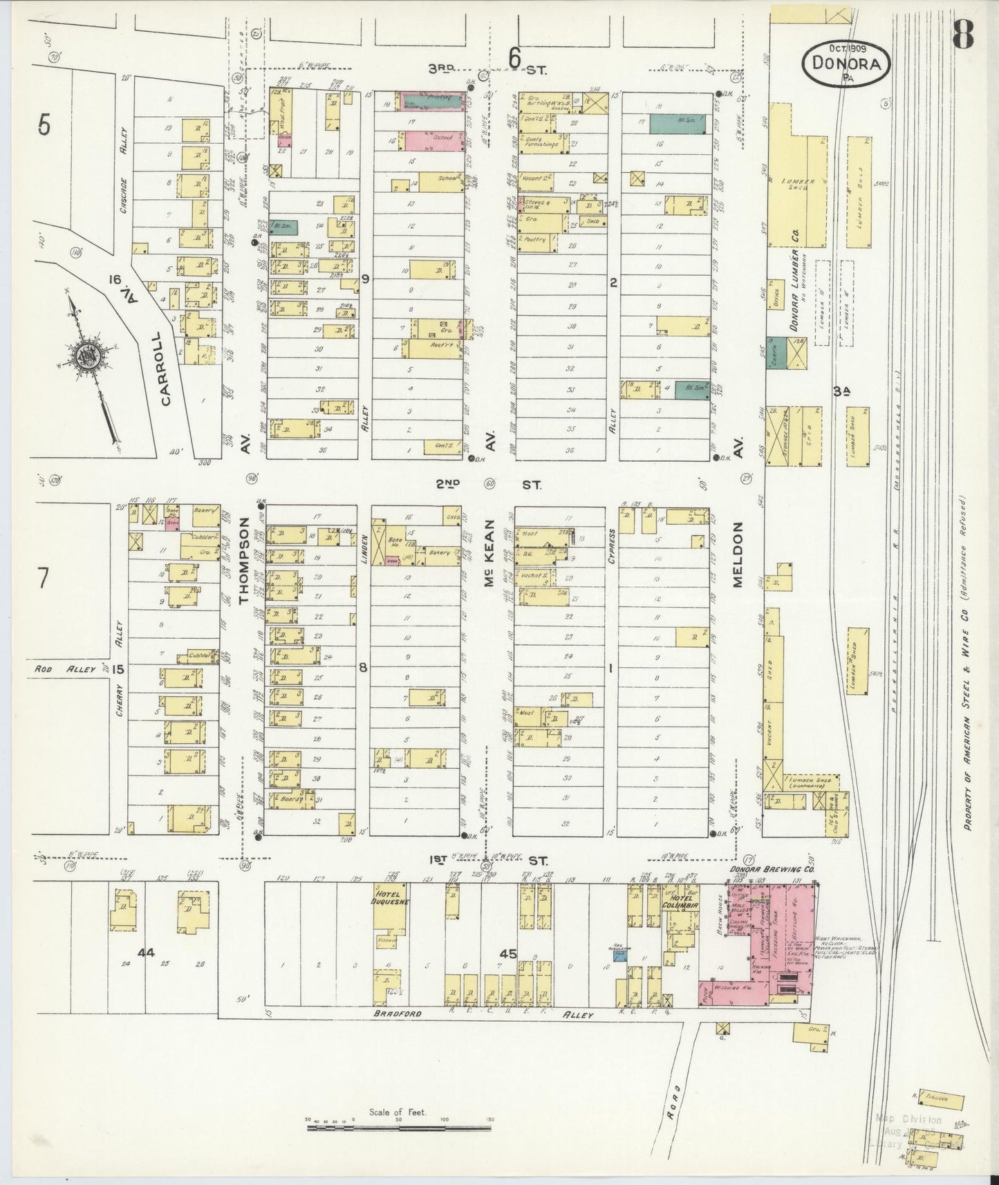 Sanborn Fire Insurance Map from Donora, Washington County, Pennsylvania (1909), Sheet #0008 - Historic Sanborn Fire Insurance Map Print, vintage old map wall art, antique decor, genealogy gift, Pennsylvania Pennsylvania map