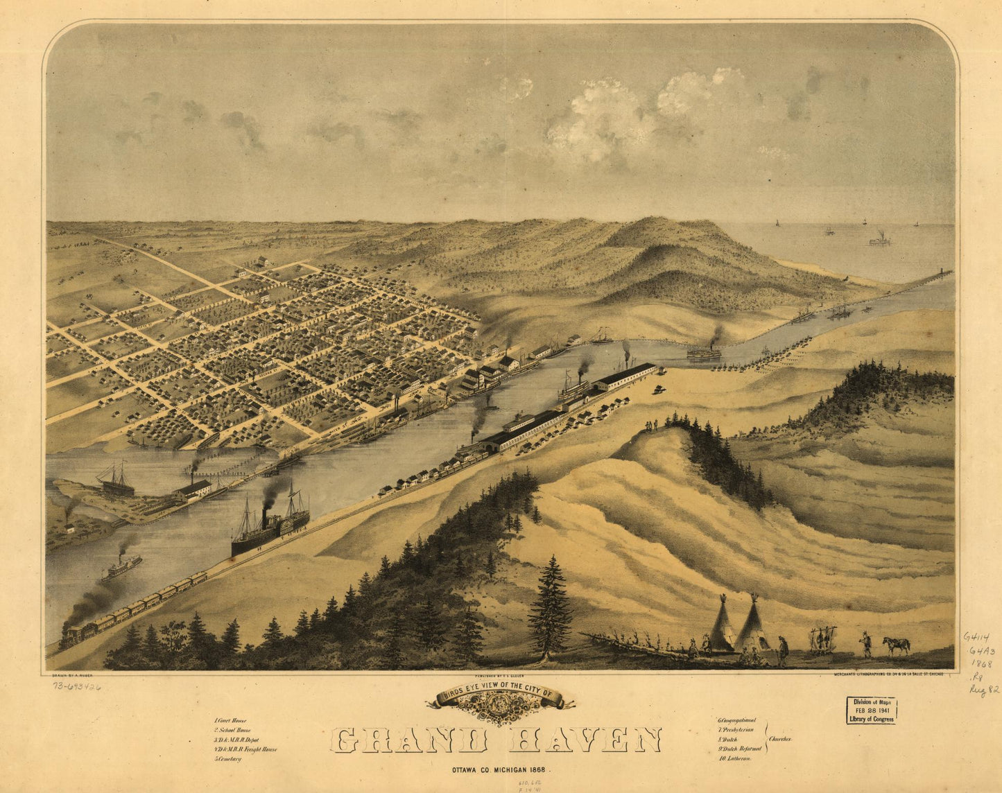 Birds eye view of the city of Grand Haven, Ottawa Co., Michigan 1868. (1868) – Historic Bird’s-Eye View Panorama Print