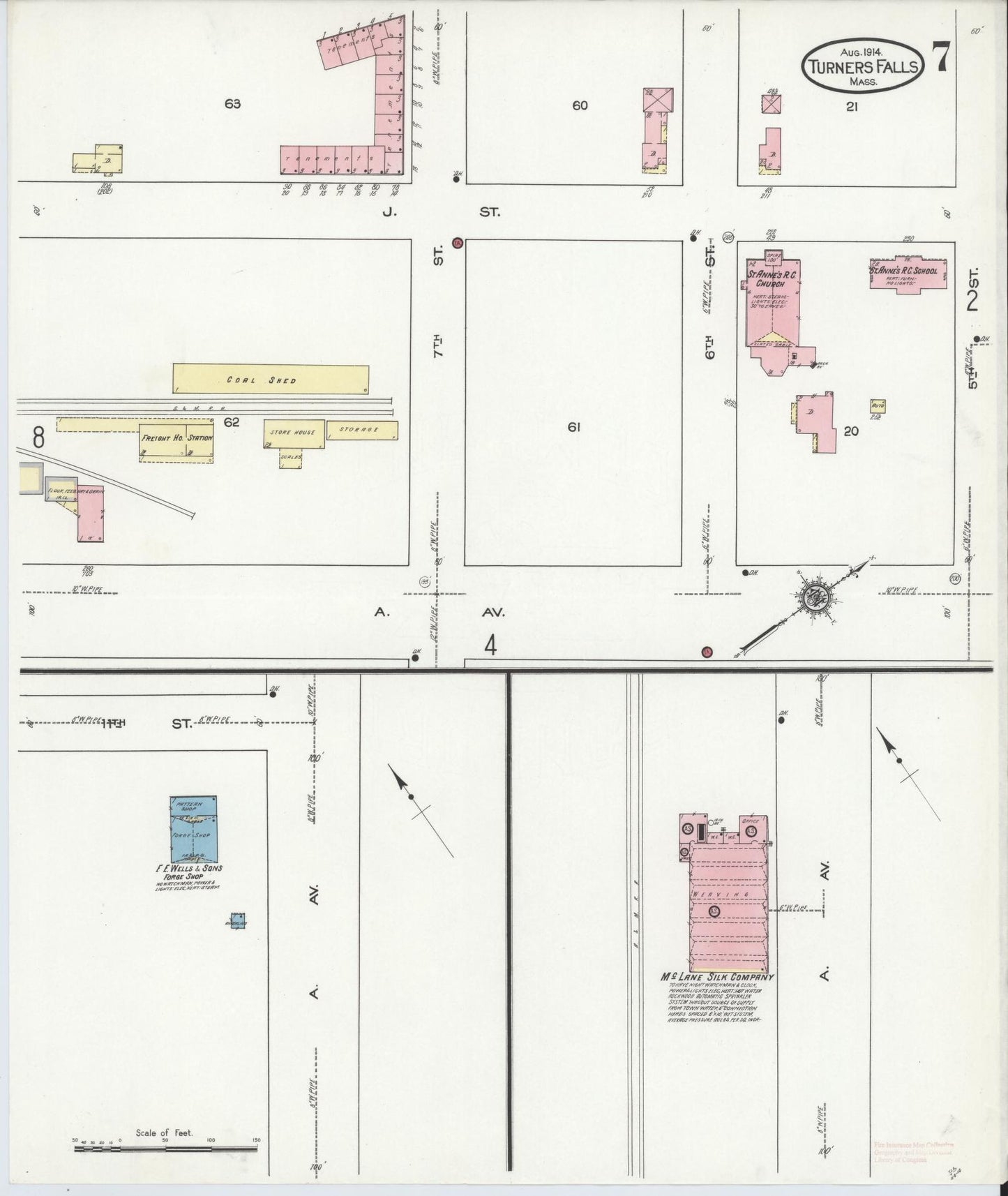 Sanborn Fire Insurance Map from Turners Falls, Franklin County, Massachusetts (1914), Sheet #0007 - Historic Sanborn Fire Insurance Map Print, vintage old map wall art, antique decor, genealogy gift, Massachusetts Massachusetts map