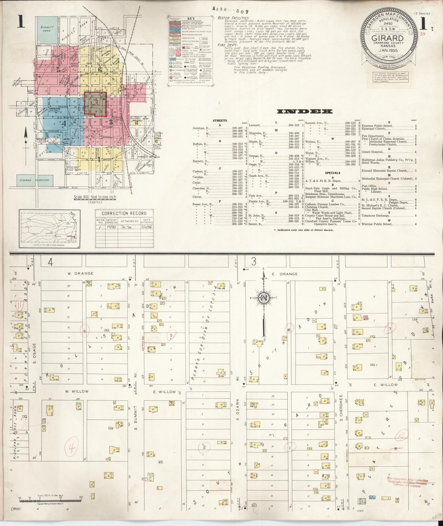 Sanborn Fire Insurance Map from Girard, Crawford County, Kansas (1943), Sheet #0001 - Historic Sanborn Fire Insurance Map Print, vintage old map wall art, antique decor, genealogy gift, Kansas Kansas map