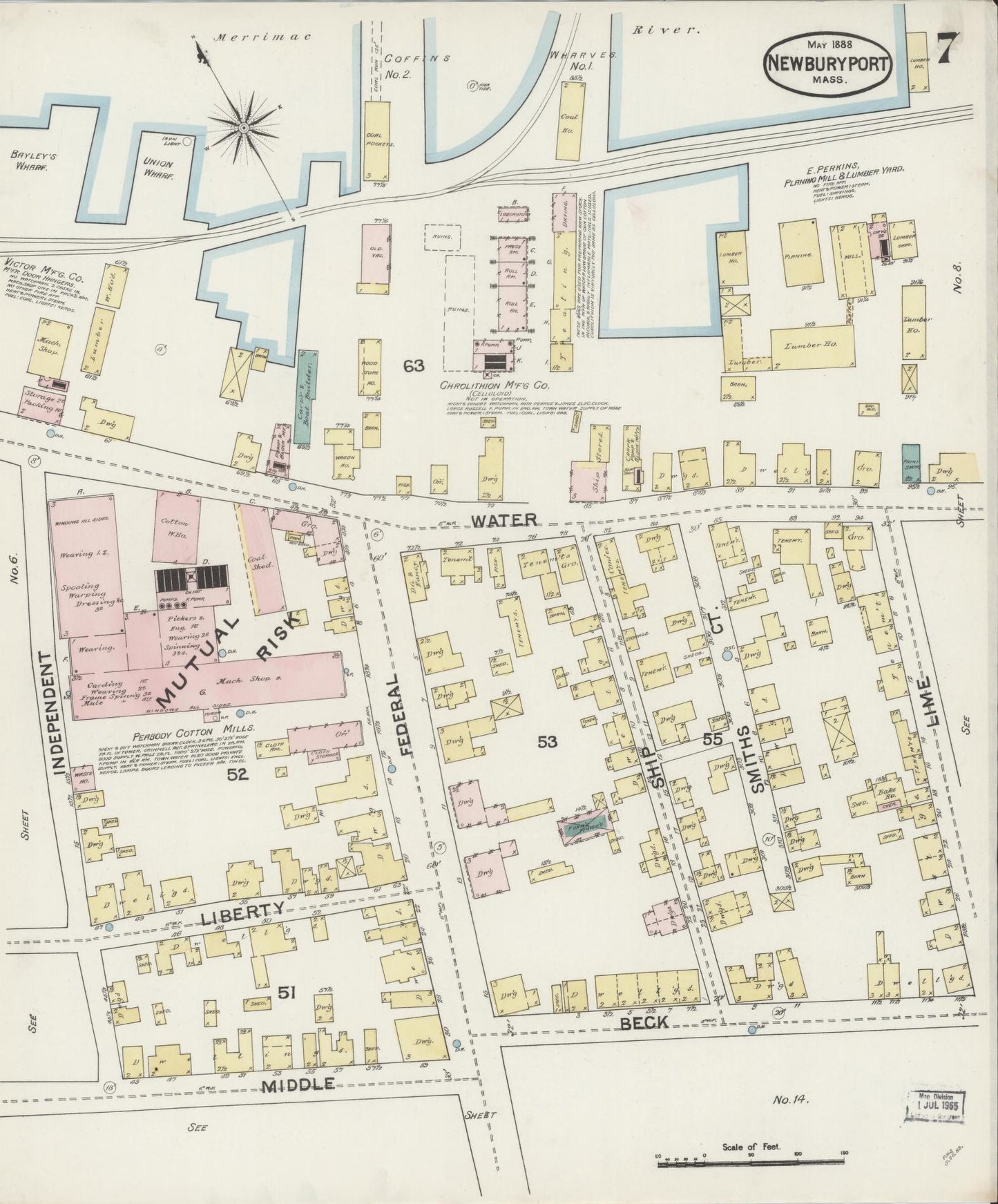 Sanborn Fire Insurance Map from Newburyport, Essex County, Massachusetts (1888), Sheet #0007 - Historic Sanborn Fire Insurance Map Print, vintage old map wall art, antique decor, genealogy gift, Massachusetts Massachusetts map