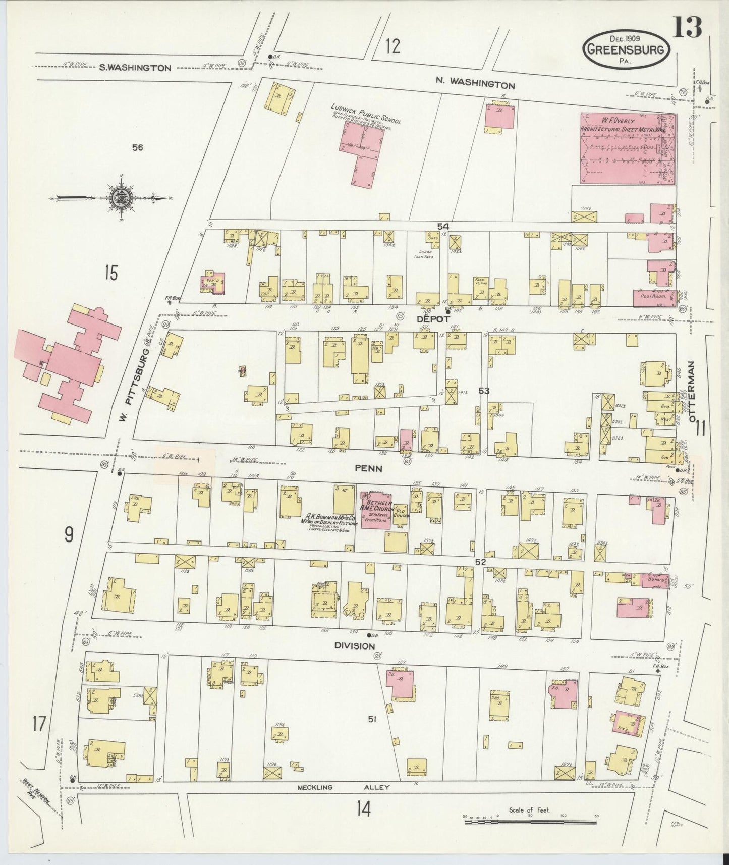 Sanborn Fire Insurance Map from Greensburg, Westmoreland County, Pennsylvania (1909), Sheet #0013 - Historic Sanborn Fire Insurance Map Print, vintage old map wall art, antique decor, genealogy gift, Pennsylvania Pennsylvania map