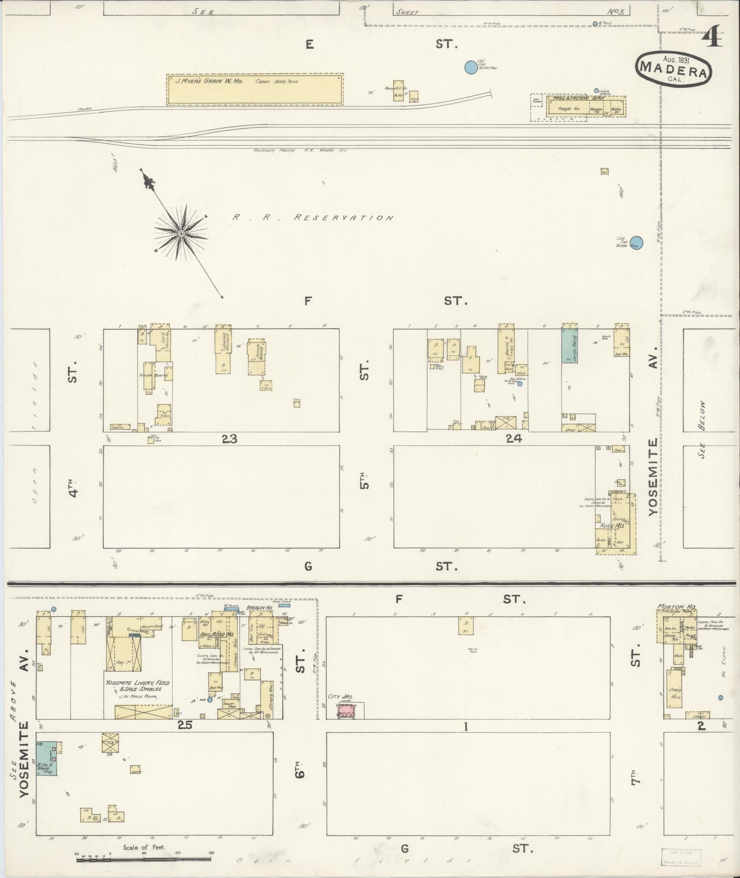 Sanborn Fire Insurance Map from Madera, Madera County, California (1891), Sheet #0004 - Historic Sanborn Fire Insurance Map Print, vintage old map wall art, antique decor, genealogy gift, California California map