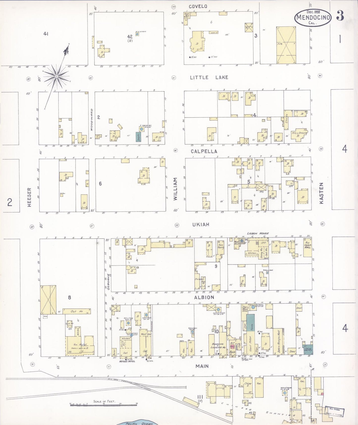 Sanborn Fire Insurance Map from Mendocino, Mendocino County, California (1898), Sheet #0003 - Historic Sanborn Fire Insurance Map Print, vintage old map wall art, antique decor, genealogy gift, California California map