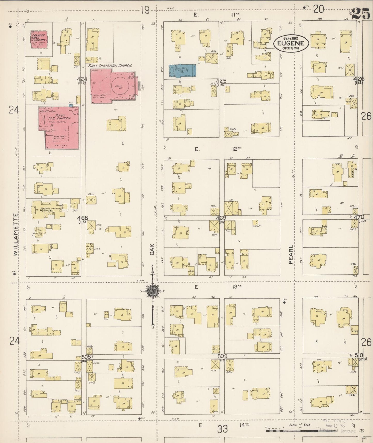 Sanborn Fire Insurance Map from Eugene, Lane County, Oregon (1912), Sheet #0025 - Historic Sanborn Fire Insurance Map Print, vintage old map wall art, antique decor, genealogy gift, Oregon Oregon map