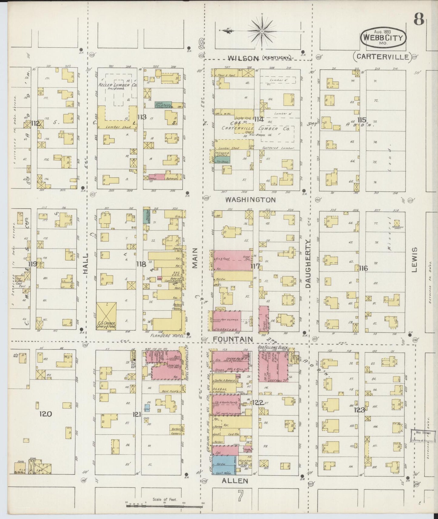 Sanborn Fire Insurance Map from Webb City, Jasper County, Missouri (1893), Sheet #0008 - Historic Sanborn Fire Insurance Map Print, vintage old map wall art, antique decor, genealogy gift, Missouri Missouri map