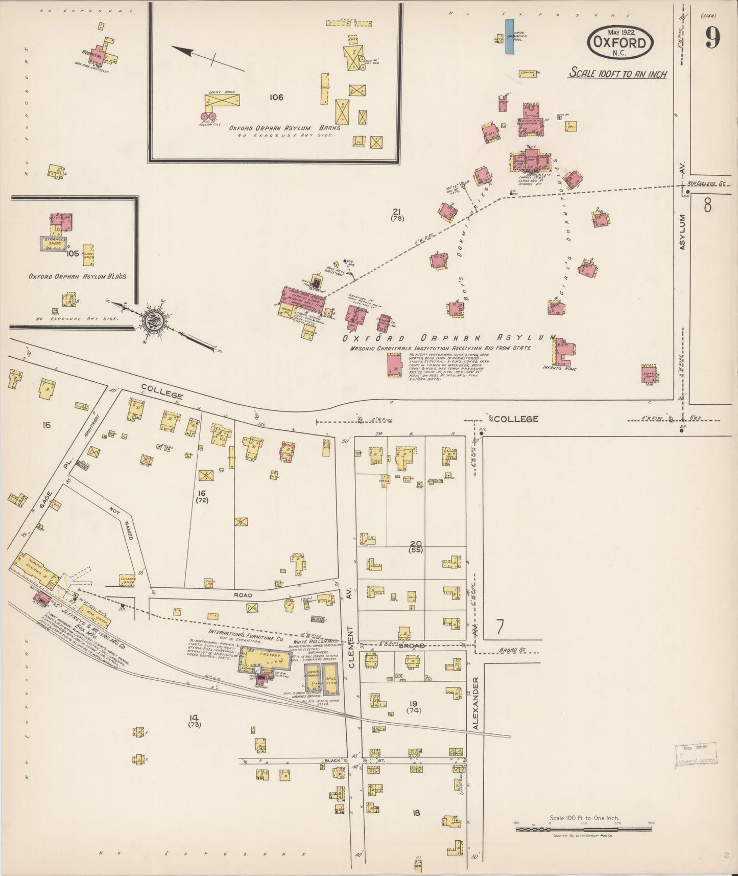 Sanborn Fire Insurance Map from Oxford, Granville County, North Carolina (1922), Sheet #0009 - Historic Sanborn Fire Insurance Map Print, vintage old map wall art, antique decor, genealogy gift, North Carolina North Carolina map