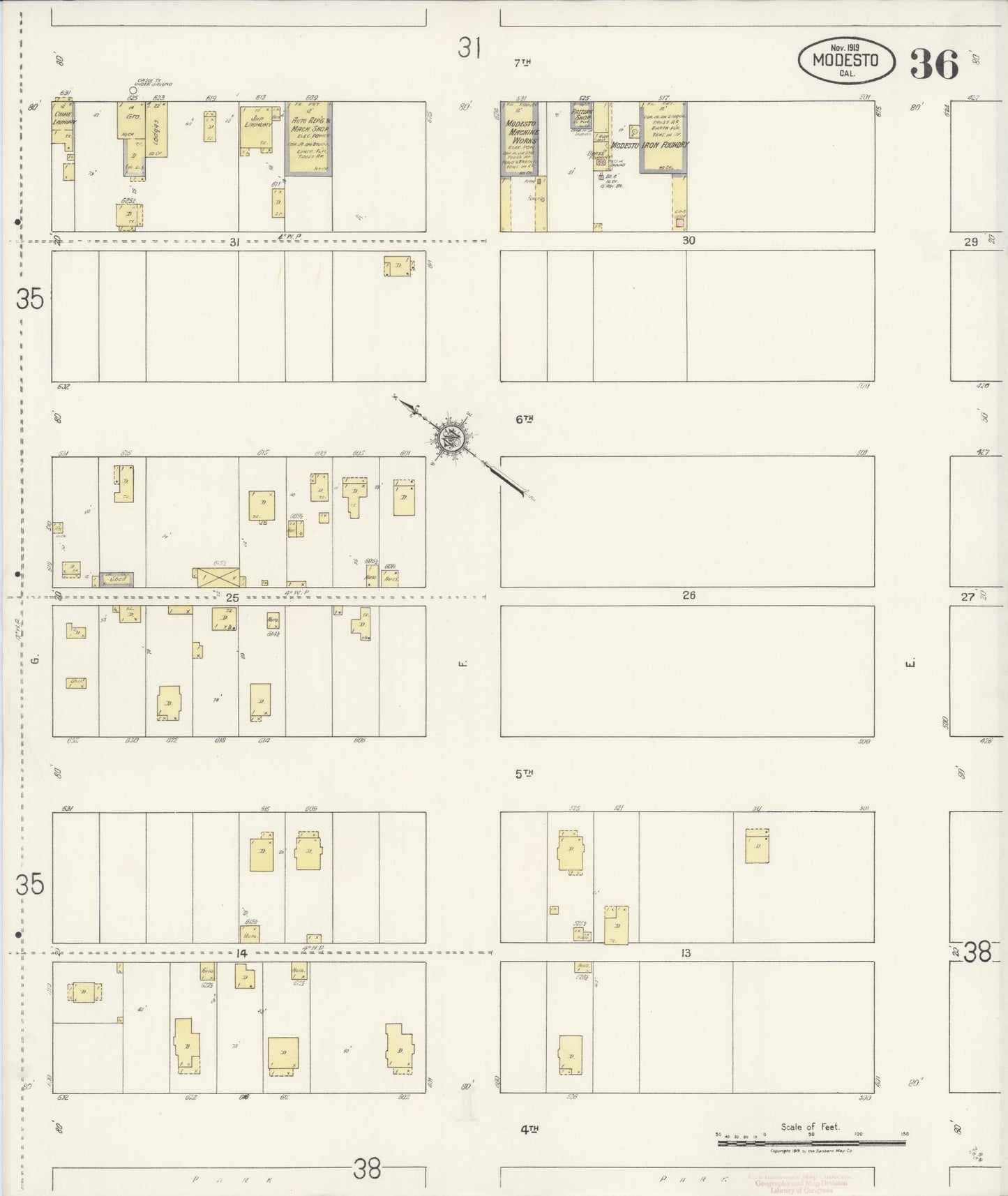 Sanborn Fire Insurance Map from Modesto, Stanislaus County, California (1919), Sheet #0036 - Historic Sanborn Fire Insurance Map Print, vintage old map wall art, antique decor, genealogy gift, California California map