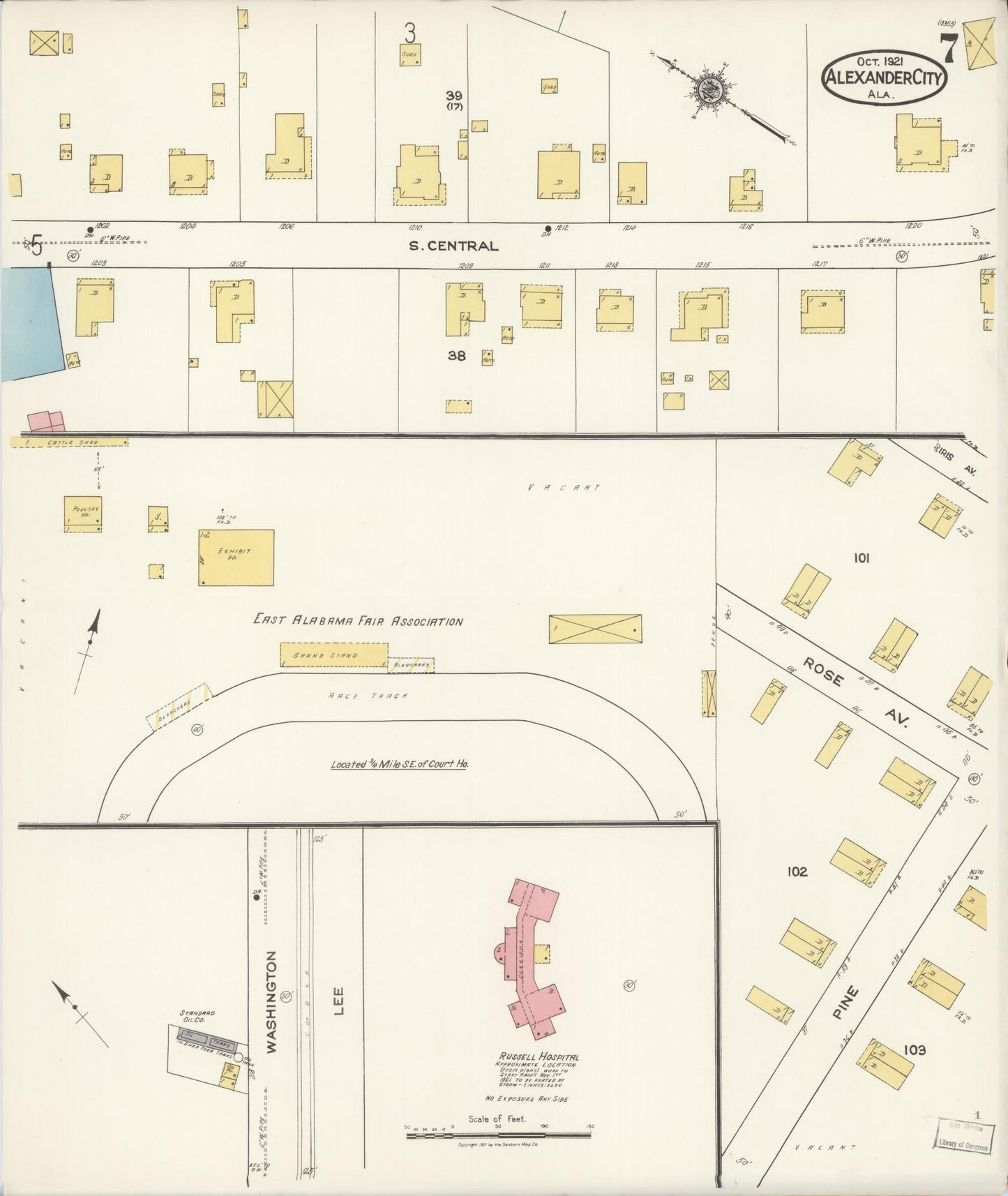 Sanborn Fire Insurance Map from Alexander City, Tallapoosa County, Alabama (1921), Sheet #0007 - Historic Sanborn Fire Insurance Map Print, vintage old map wall art, antique decor, genealogy gift, Alabama Alabama map