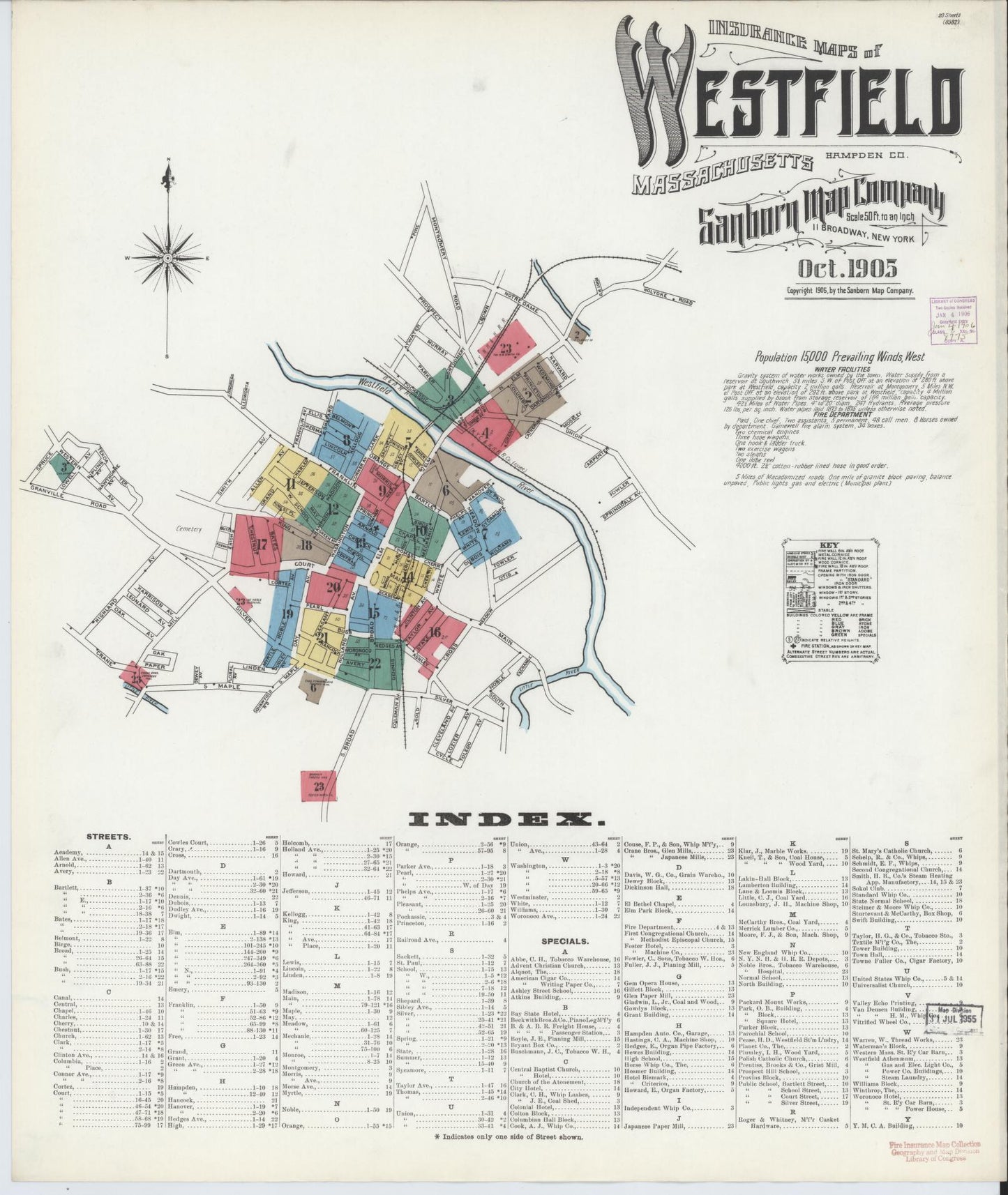 Sanborn Fire Insurance Map from Westfield, Hampden County, Massachusetts (1905), Sheet #0001 - Historic Sanborn Fire Insurance Map Print, vintage old map wall art, antique decor, genealogy gift, Massachusetts Massachusetts map