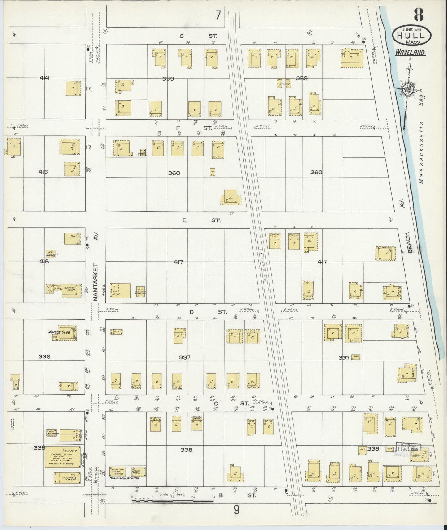 Sanborn Fire Insurance Map from Hull, Plymouth County, Massachusetts (1916), Sheet #0008 - Historic Sanborn Fire Insurance Map Print, vintage old map wall art, antique decor, genealogy gift, Massachusetts Massachusetts map