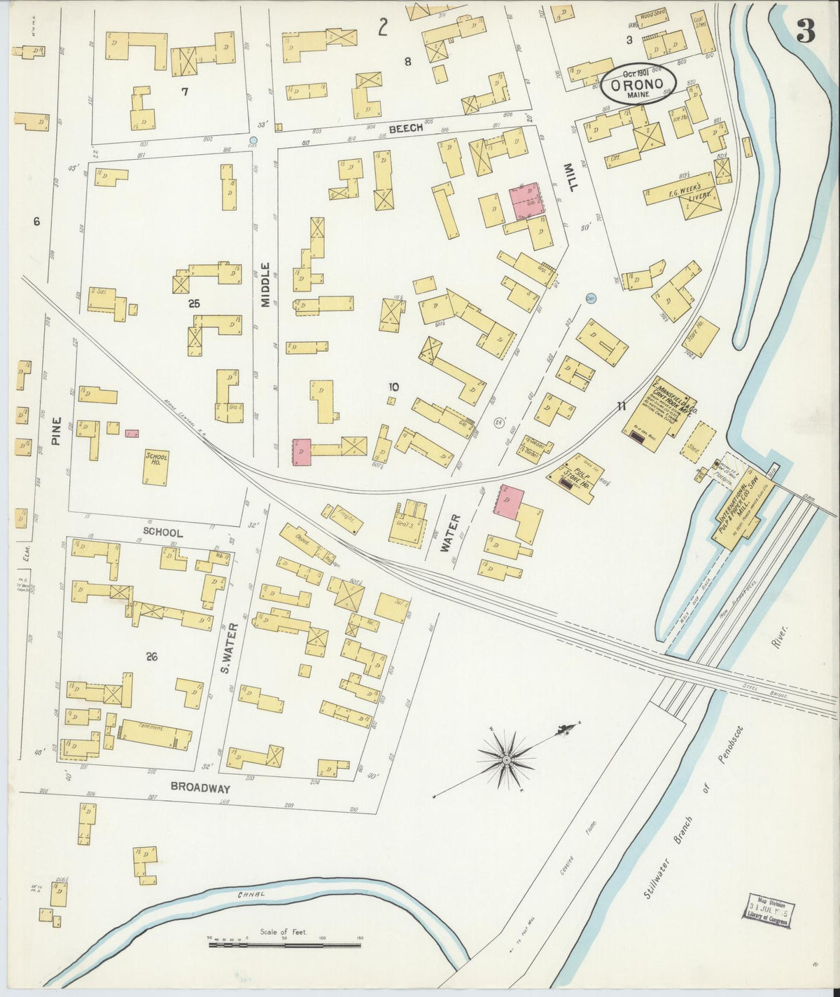 Sanborn Fire Insurance Map from Orono, Penobscot County, Maine (1901), Sheet #0003 - Historic Sanborn Fire Insurance Map Print, vintage old map wall art, antique decor, genealogy gift, Maine Maine map