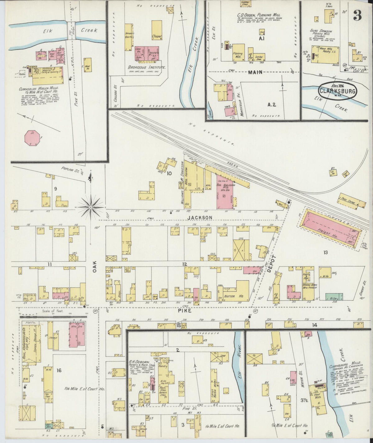Sanborn Fire Insurance Map from Clarksburg, Harrison County, West Virginia (1896), Sheet #0003 - Historic Sanborn Fire Insurance Map Print, vintage old map wall art, antique decor, genealogy gift, West Virginia West Virginia map