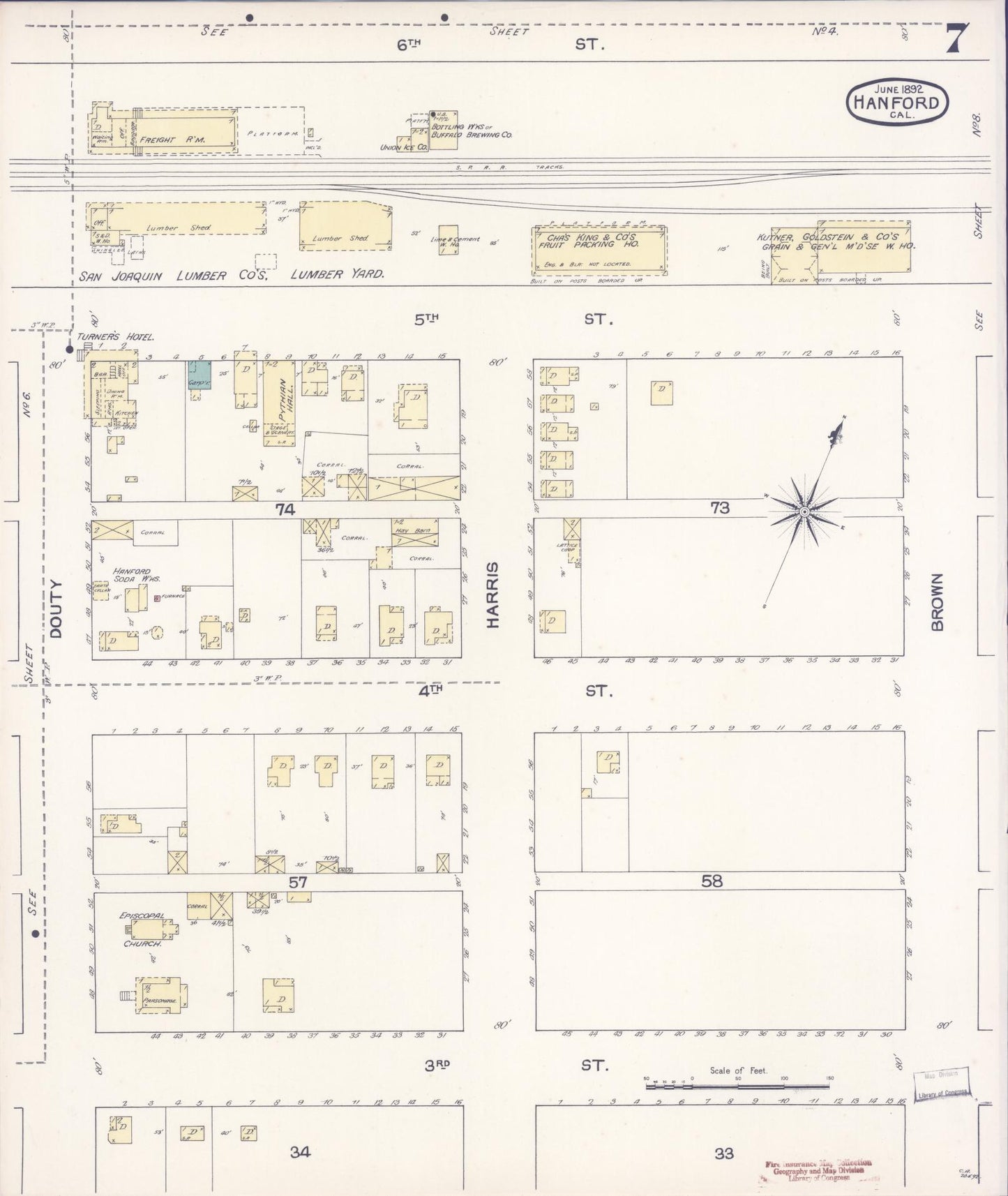 Sanborn Fire Insurance Map from Hanford, Kings County, California (1892), Sheet #0007 - Historic Sanborn Fire Insurance Map Print, vintage old map wall art, antique decor, genealogy gift, California California map