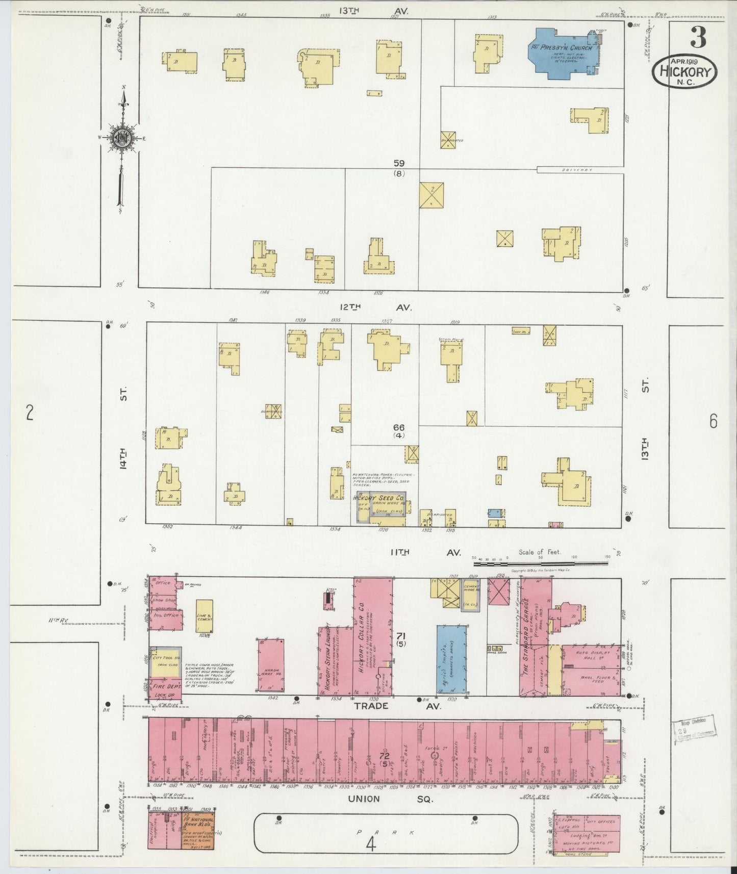 Sanborn Fire Insurance Map from Hickory, Catawba County, North Carolina (1919), Sheet #0003 - Historic Sanborn Fire Insurance Map Print, vintage old map wall art, antique decor, genealogy gift, North Carolina North Carolina map