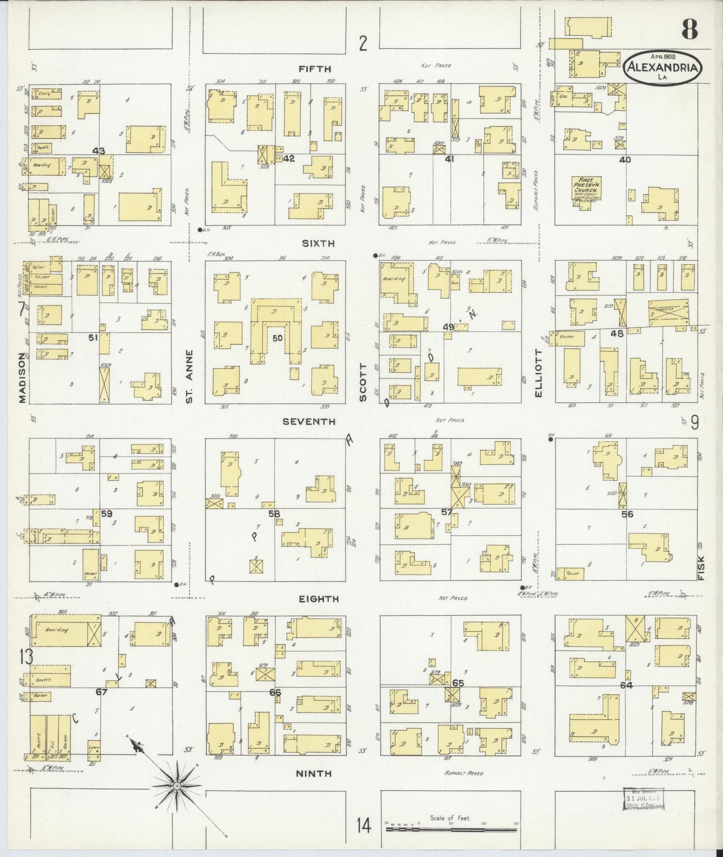 Sanborn Fire Insurance Map from Alexandria, Rapides Parish, Louisiana (1909), Sheet #0008 - Historic Sanborn Fire Insurance Map Print, vintage old map wall art, antique decor, genealogy gift, Louisiana Louisiana map