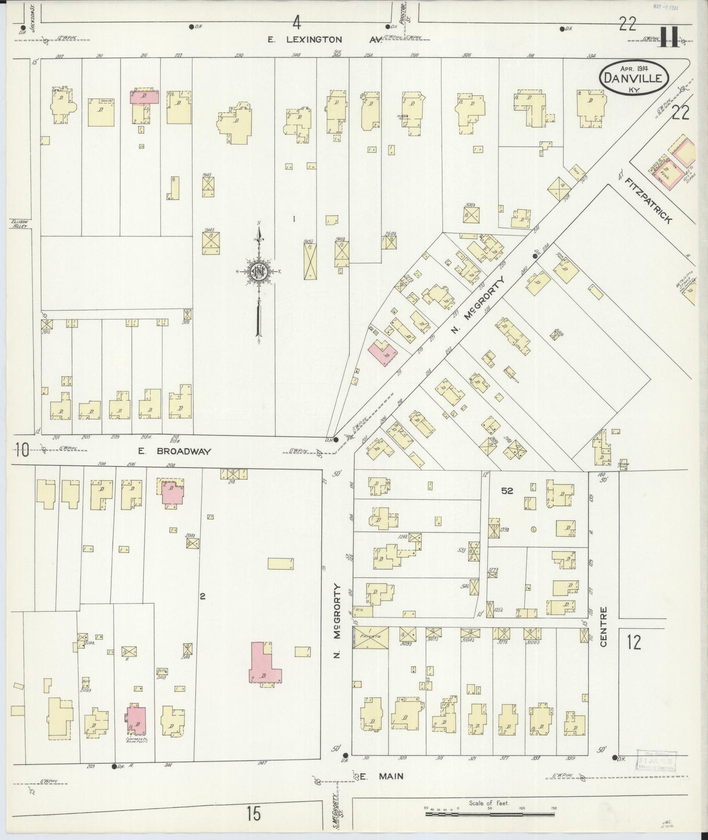 Sanborn Fire Insurance Map from Danville, Boyle County, Kentucky (1914), Sheet #0011 - Historic Sanborn Fire Insurance Map Print, vintage old map wall art, antique decor, genealogy gift, Kentucky Kentucky map