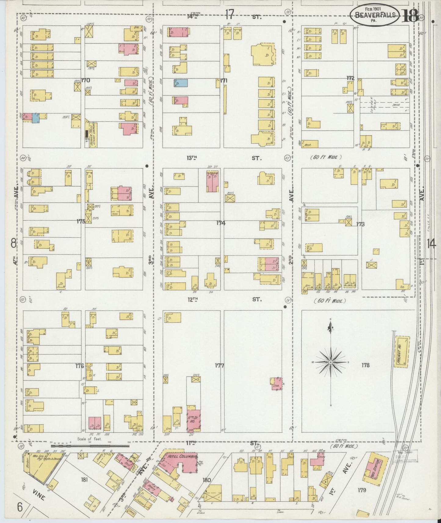 Sanborn Fire Insurance Map from Beaver Falls, Beaver County, Pennsylvania (1901), Sheet #0018 - Historic Sanborn Fire Insurance Map Print, vintage old map wall art, antique decor, genealogy gift, Pennsylvania Pennsylvania map
