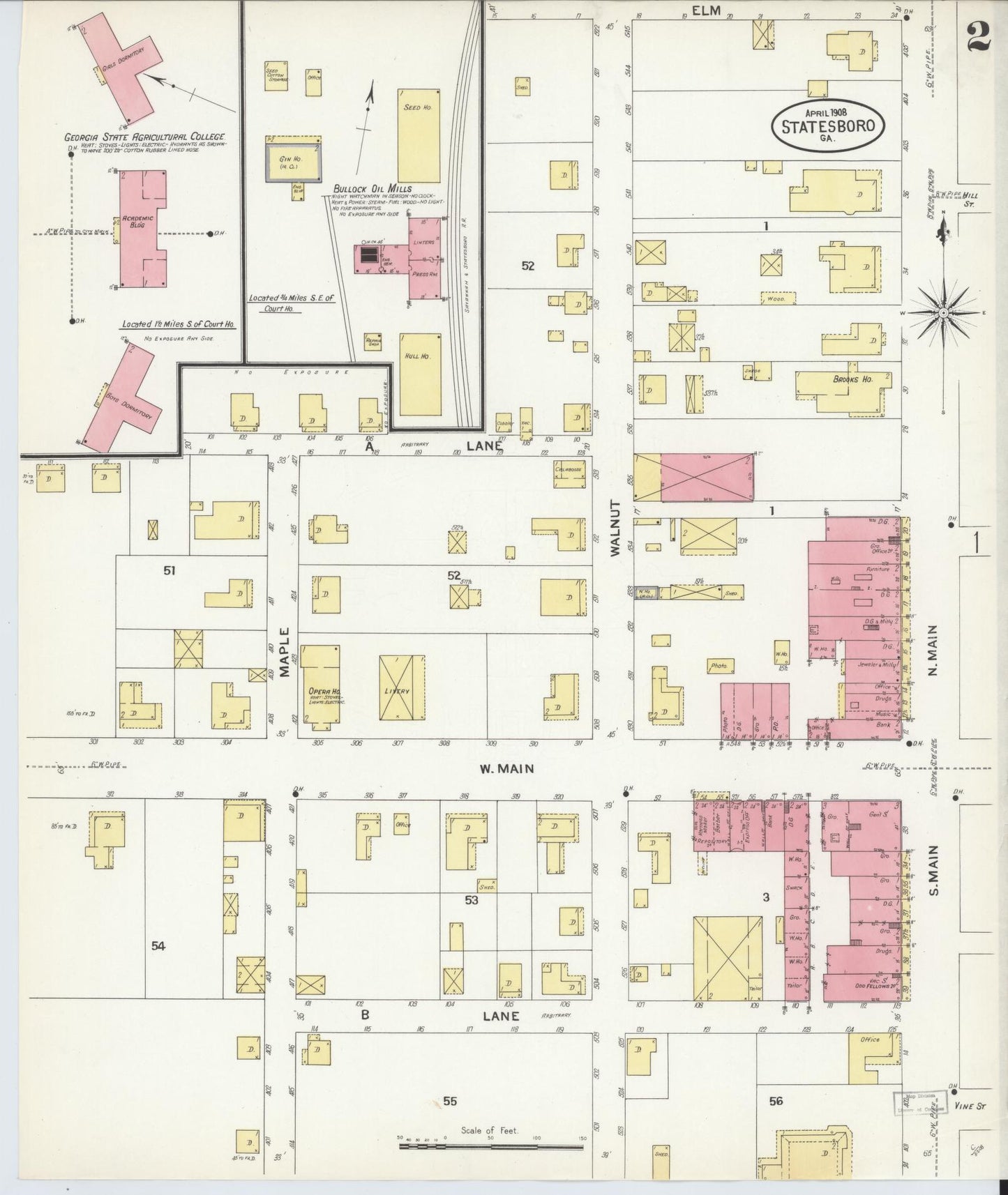 Sanborn Fire Insurance Map from Statesboro, Bulloch County, Georgia (1908), Sheet #0002 - Historic Sanborn Fire Insurance Map Print, vintage old map wall art, antique decor, genealogy gift, Georgia Georgia map