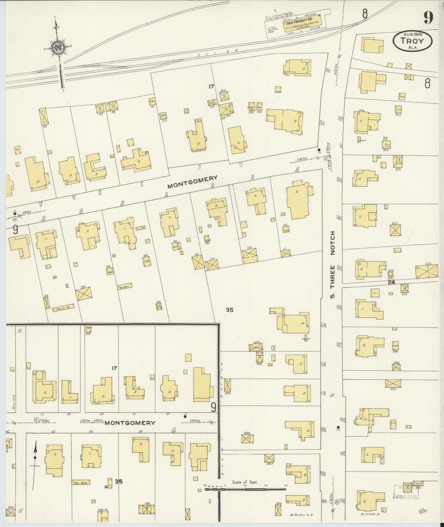 Sanborn Fire Insurance Map from Troy, Pike County, Alabama (1909), Sheet #0009 - Historic Sanborn Fire Insurance Map Print, vintage old map wall art, antique decor, genealogy gift, Alabama Alabama map