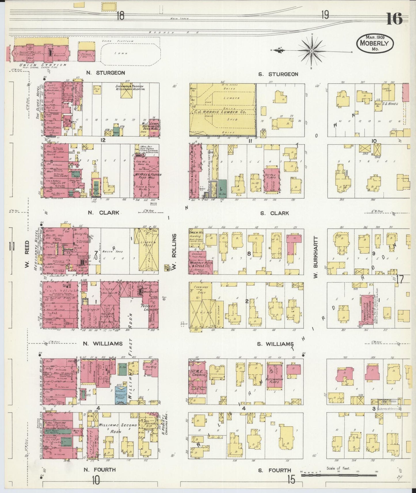 Sanborn Fire Insurance Map from Moberly, Randolph County, Missouri (1909), Sheet #0016 - Historic Sanborn Fire Insurance Map Print, vintage old map wall art, antique decor, genealogy gift, Missouri Missouri map