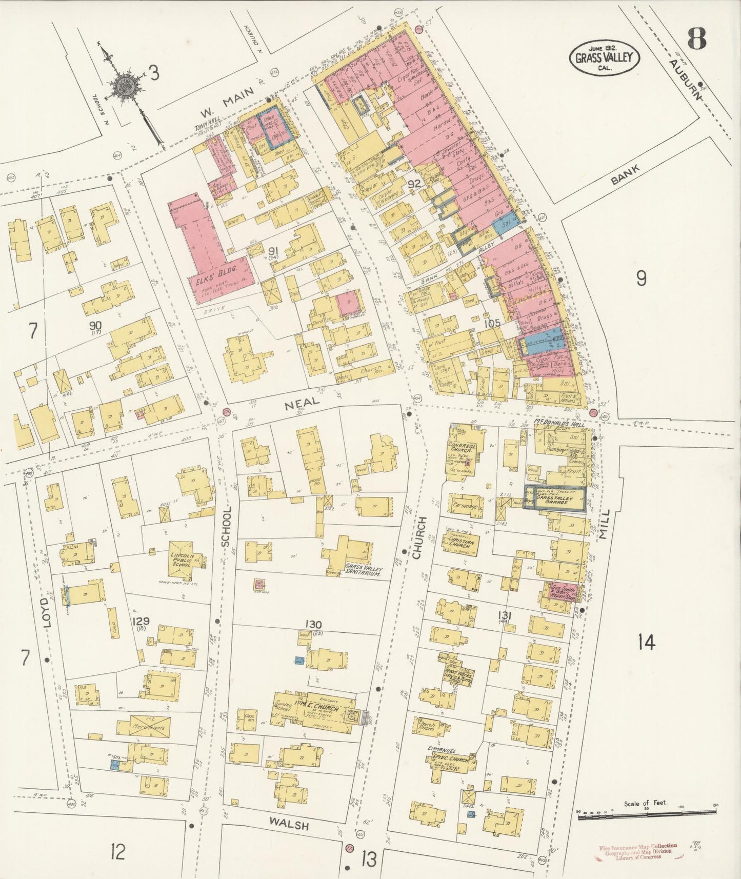 Sanborn Fire Insurance Map from Grass Valley, Nevada County, California (1912), Sheet #0008 - Historic Sanborn Fire Insurance Map Print, vintage old map wall art, antique decor, genealogy gift, Grass Valley Nevada map