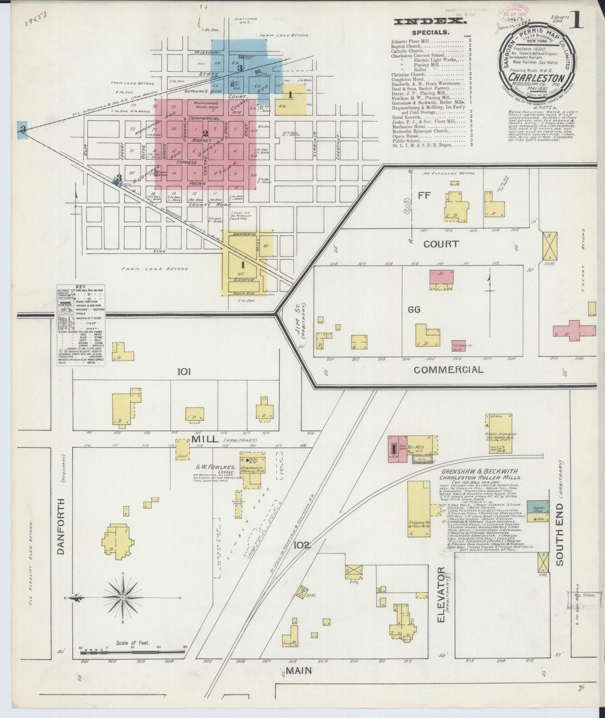 Sanborn Fire Insurance Map from Charleston, Mississippi County, Missouri (1893), Sheet #0001 - Historic Sanborn Fire Insurance Map Print, vintage old map wall art, antique decor, genealogy gift, Charleston Mississippi map