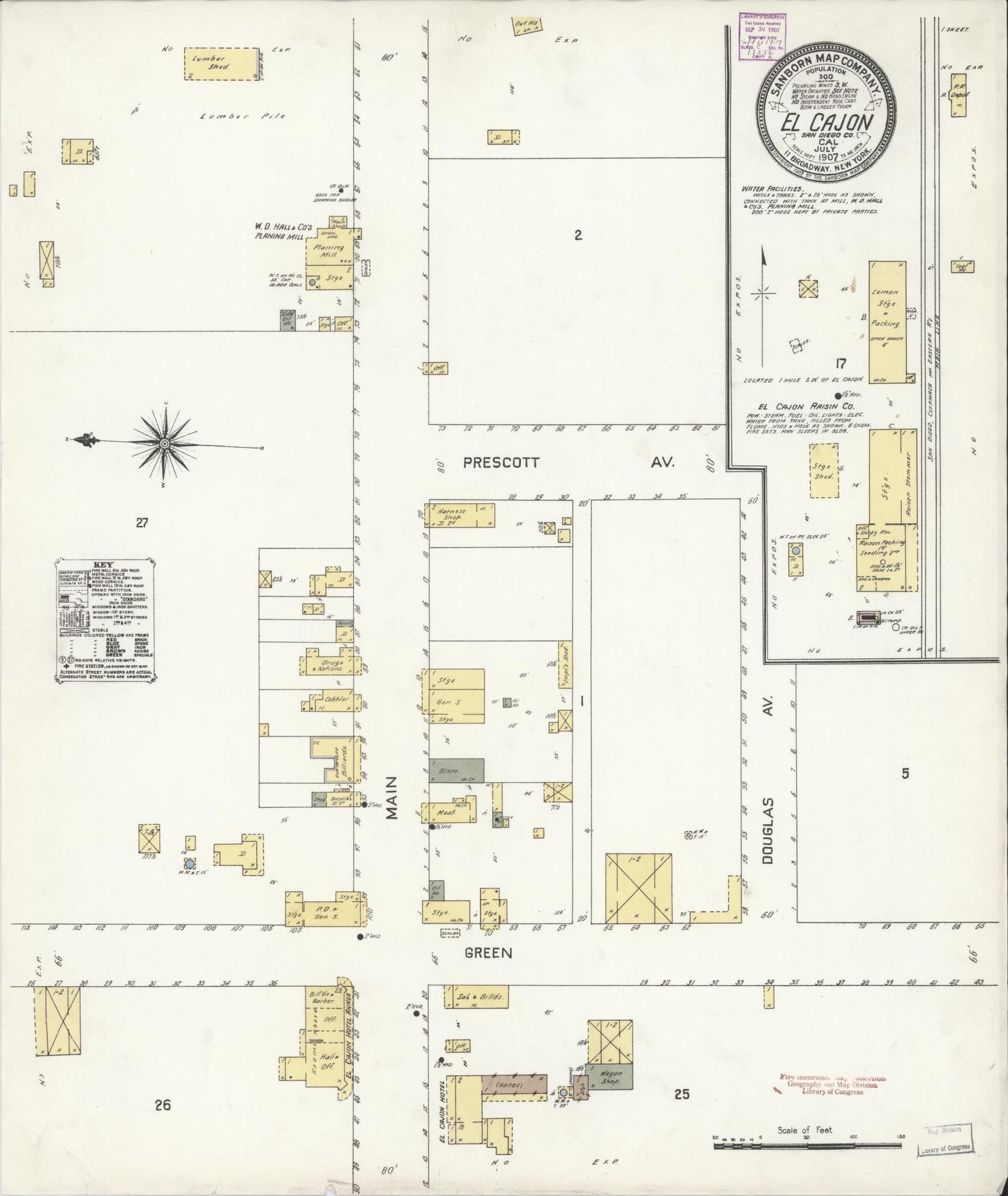 Sanborn Fire Insurance Map from El Cajon, San Diego County, California (1907), Sheet #0001 - Historic Sanborn Fire Insurance Map Print, vintage old map wall art, antique decor, genealogy gift, California California map