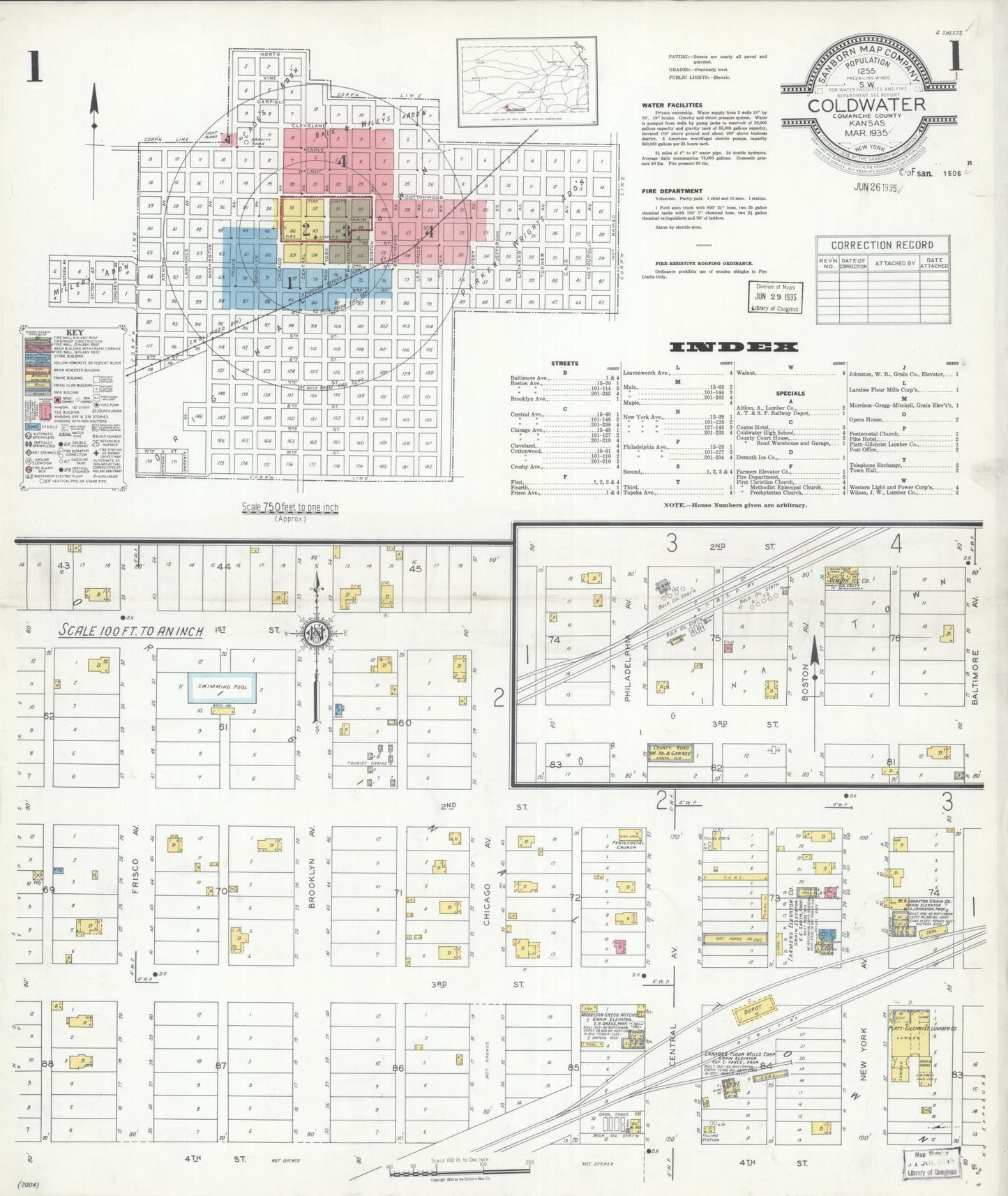 Sanborn Fire Insurance Map from Coldwater, Comanche County, Kansas (1935), Sheet #0001 - Historic Sanborn Fire Insurance Map Print, vintage old map wall art, antique decor, genealogy gift, Kansas Kansas map